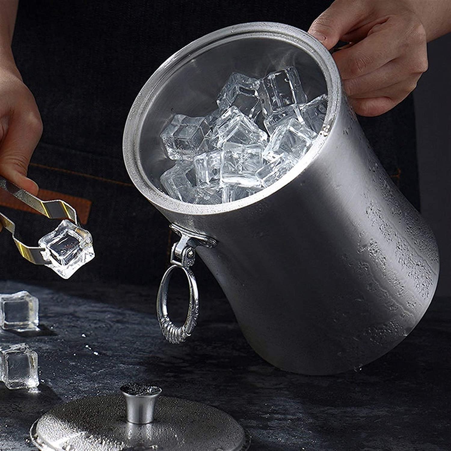 Juego de Cubos de Hielo y Pinzas para Hielo Cubos Enfriadores Soportes Cubo de Hielo de Acero Inoxidable de Doble Pared Gruesa con Aislamiento para Barra de Vino Tinto Barriles de champán fríos