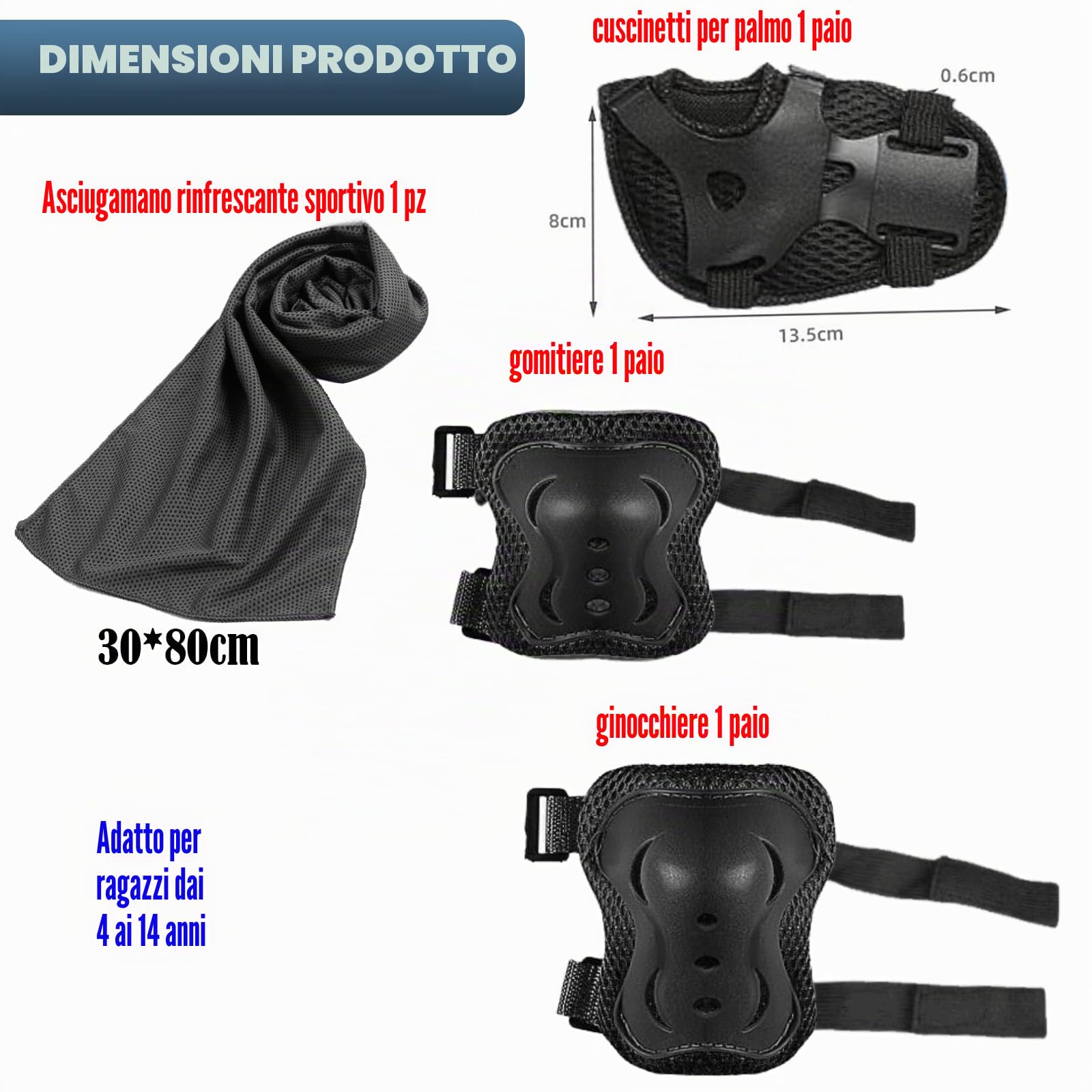 JSTHHTT Protezioni Skateboard Bambino,Set di Protezioni per Bambini,Protezioni Pattini Ginocchiere Gomitiere,Regolabile Ginocchiere Gomitiere per Skateboard Bicicletta Pattinaggio Monopattino Nero