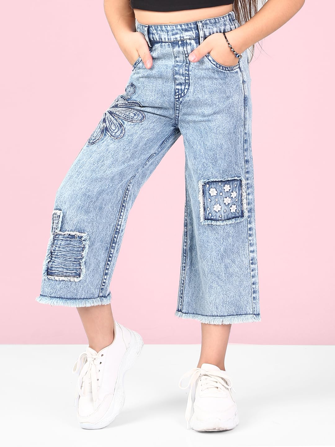 Naughty Ninos Girls Blue Embroidered Pure Cotton Flared Jeans (NN00076JGG_5-6 Years) - Image 2 thumbnail