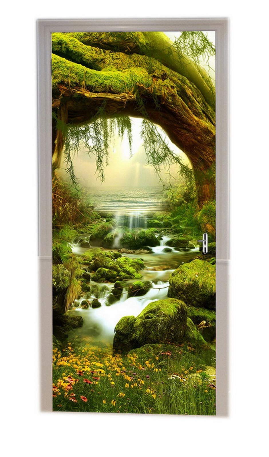 Autocollant Porte Trompe-l'œil Arche D'arbres Fleuris - Décoration Murale 3D - 63 X 205 Cm - PVC étanche