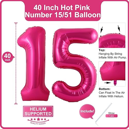 Miniatura 2 de Lovoir Globo rosa intenso de 40 pulgadas con el número 51 de 15 dígitos gigantes de papel de aluminio de Mylar para helio de 15 cumpleaños y 51