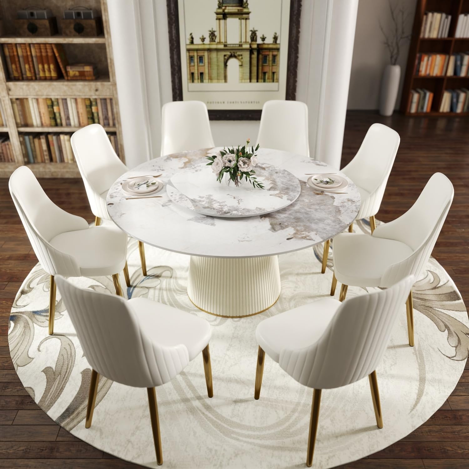 Leavader 9-Piece Round Dining Table Set with Removable Turntable, Modern Marble Dining Room Table Set of 8, Luxury 59" D Sintered Stone Dining Table with 8 PU Leather Chairs Set
