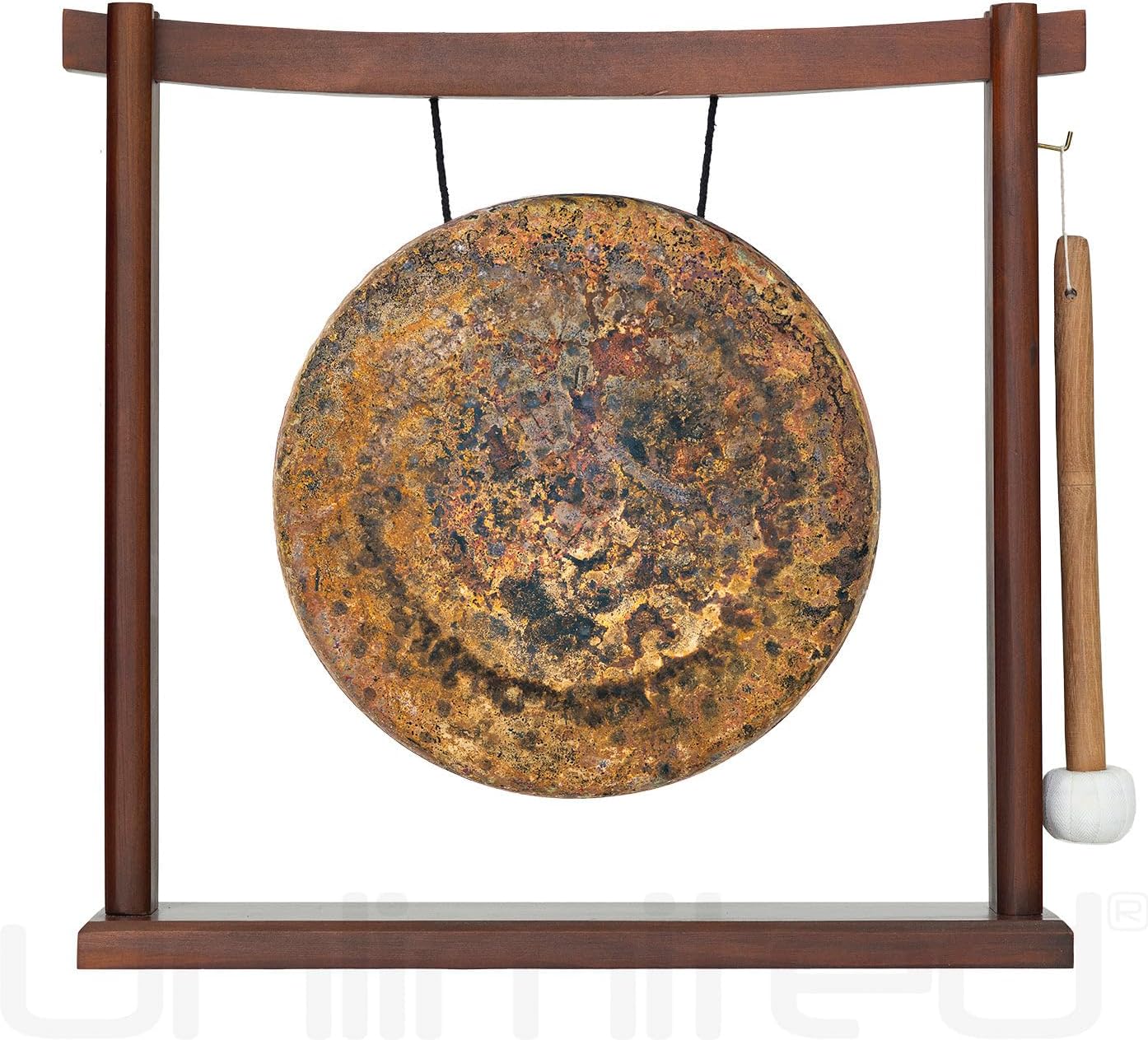 10"-12" Gongs on Woodsonic Stand Includes Gong, Mallet, & Stand/Easy to Play Traditional Chinese Gong/Easy to Assemble Stylish Wood/Great for Small Spaces