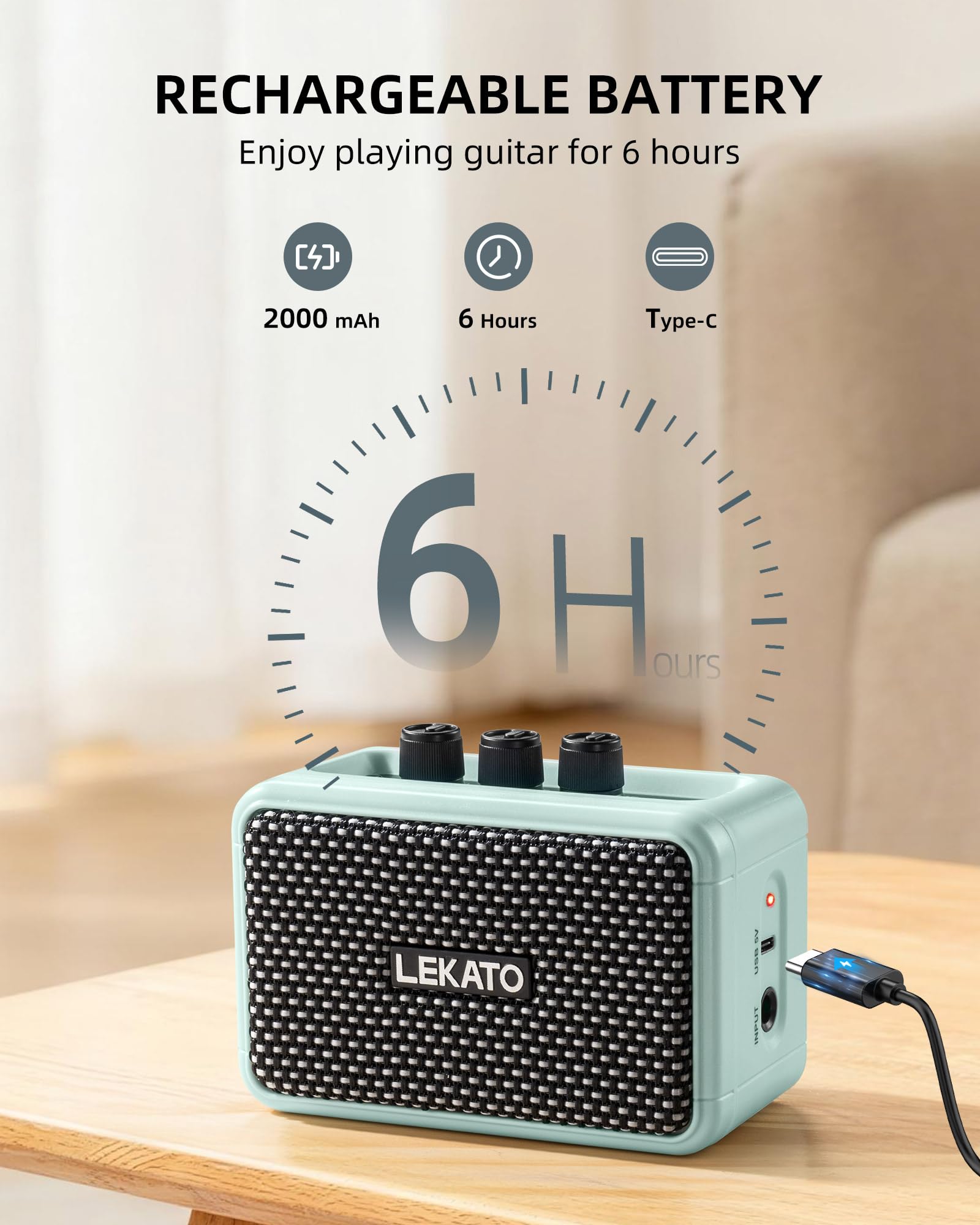LEKATO 5W Mini amplificatore per chitarra, amplificatore elettrico ricaricabile con effetti Clean/Overdrive, Bluetooth 5.0 portatile (Blu)