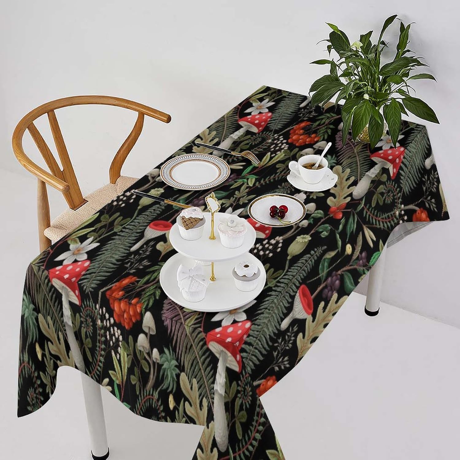 Mushroom Tablecloth,Boho Botanical Green Leaves Flower Floral Plant Print Table Covers for Dining Room Kitchen Indoor Outdoor Party Picnic Home Decor, 55x110in