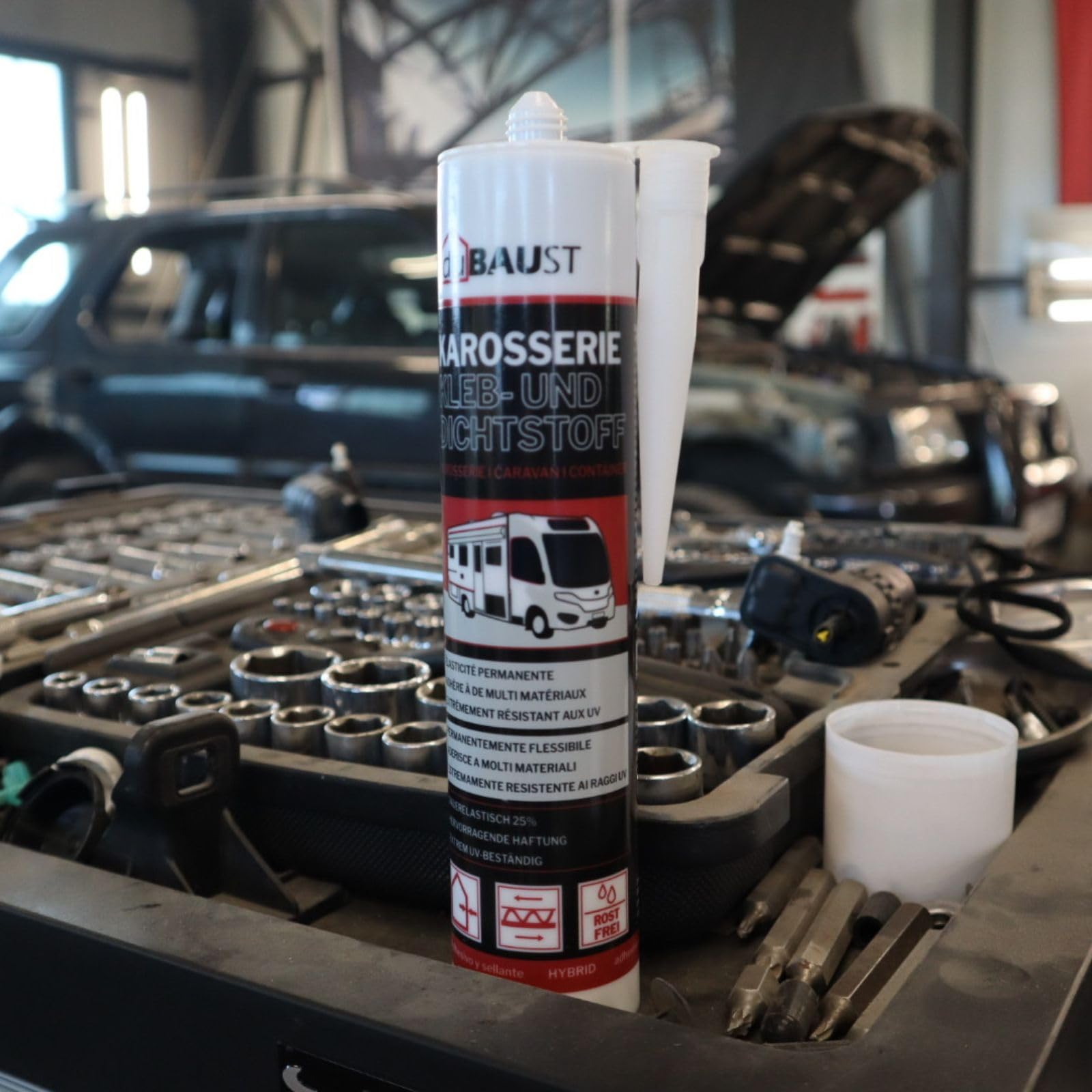 Adhesivo para carrocería, adhesivo de montaje, sellador para auto, autocaravana, interior + exterior, resistente a los rayos UV, adherencia en todas las superficies, adhesivo para caravana