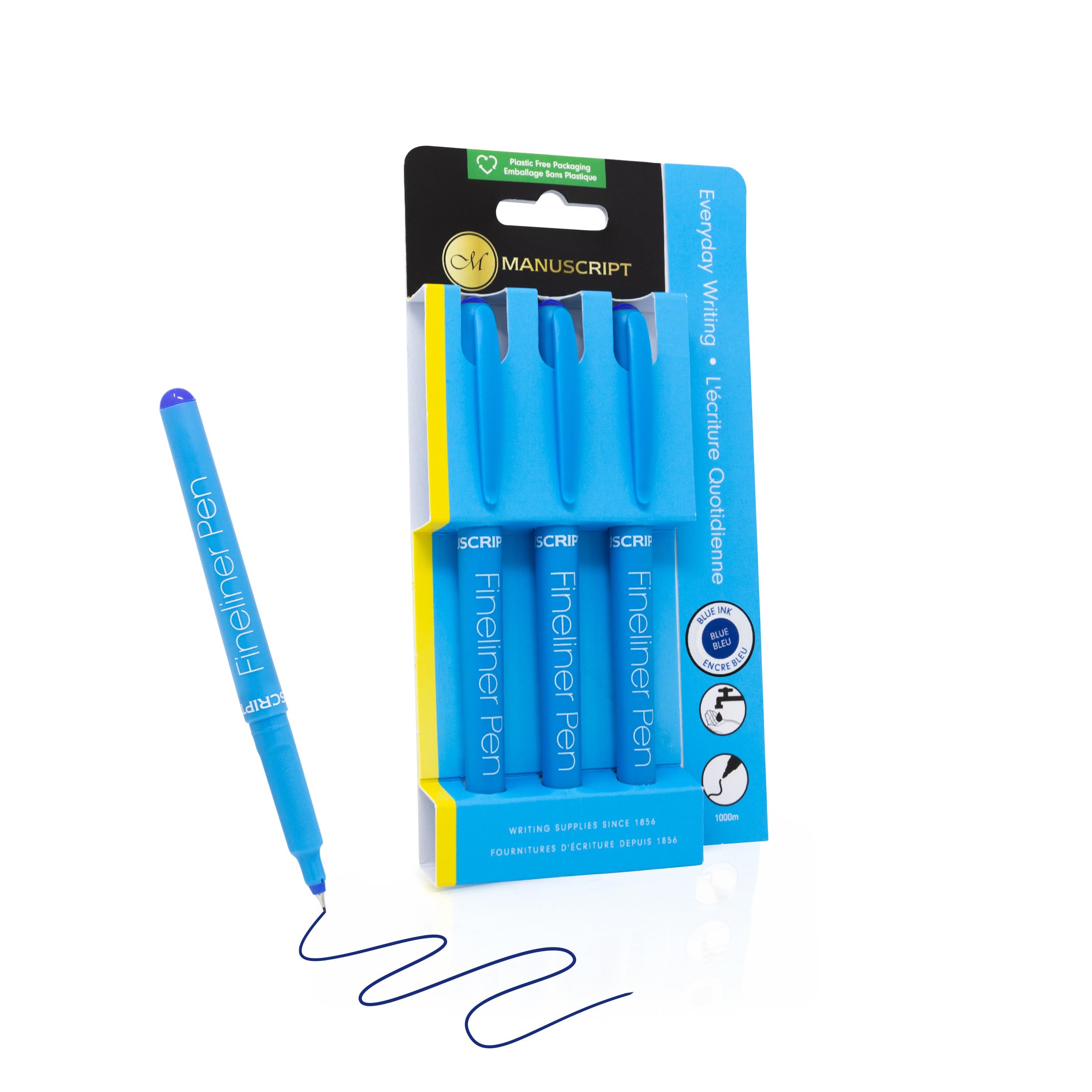 MANUSCRIPT Fineliner Pens (Pack of 3) - Blue Writing Pens with Ergonomic Grip for Everyday Use, Reliable Pen Multipack with Durable Tip, Essential Work & School Supplies