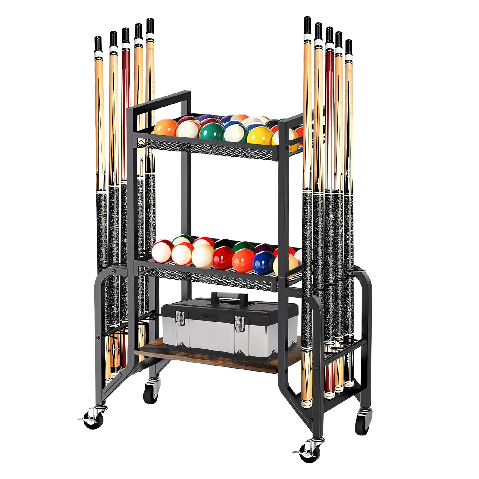 Soporte para taco de billar de 3 pisos para 10 bastones, soporte para taco de billar con 4 ruedas para facilitar el movimiento, 2 de ellos con frenos, soporte de equipo de billar, para salas de billar