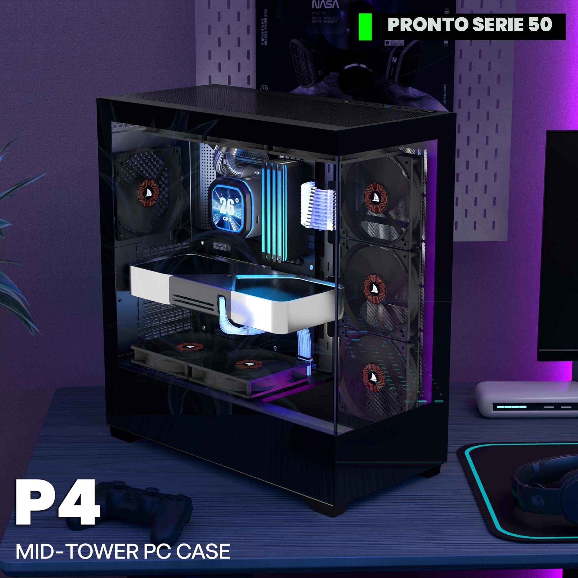 KEDIERS Case PC Preinstallato con 4 × 120MM Ventola Nera, Case PC Mid Tower ATX, Case Computer con Vista Panoramica Pannello Frontale in Vetro Temperato, Nero, P4