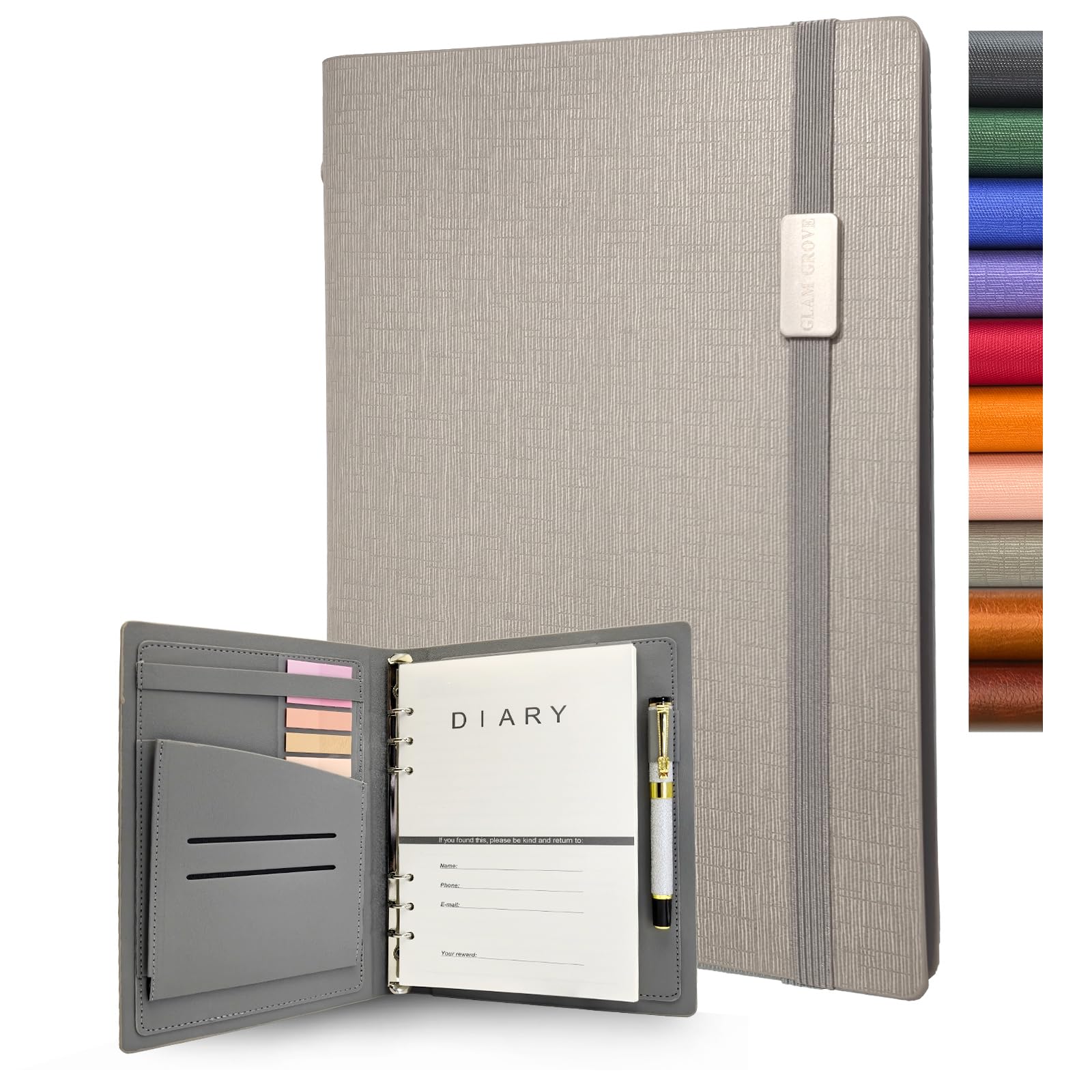 GLAM GROVE A5 nachfüllbares Ringbuch-Notizbuch – elegantes Hardcover, 160 Seiten aus 100 g dickem Papier, 6-Ring-Design mit Stiftschlaufe und Taschen – ideal zum Schreiben, Reisen, Arbeiten und für