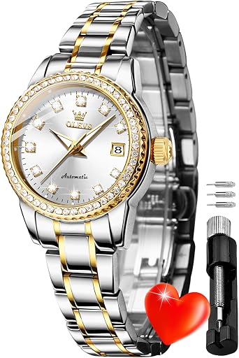 OUPINKE Womens Diamond Watch Automatic Mechanical Luxury Dress Classic Ladies Automatic Two Tone Stainless Steel Wrist Watch, 7003White, Luxury Classic Watch