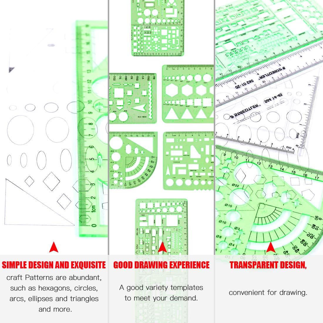 Hilitchi 16 Pcs Pack Plastic Measuring Templates Building Formwork Stencils Geometric Building Furniture Drawing Template Geometry Rulers and Drafting Scale Ruler with Eraser Pencil and Refills : Office Products
