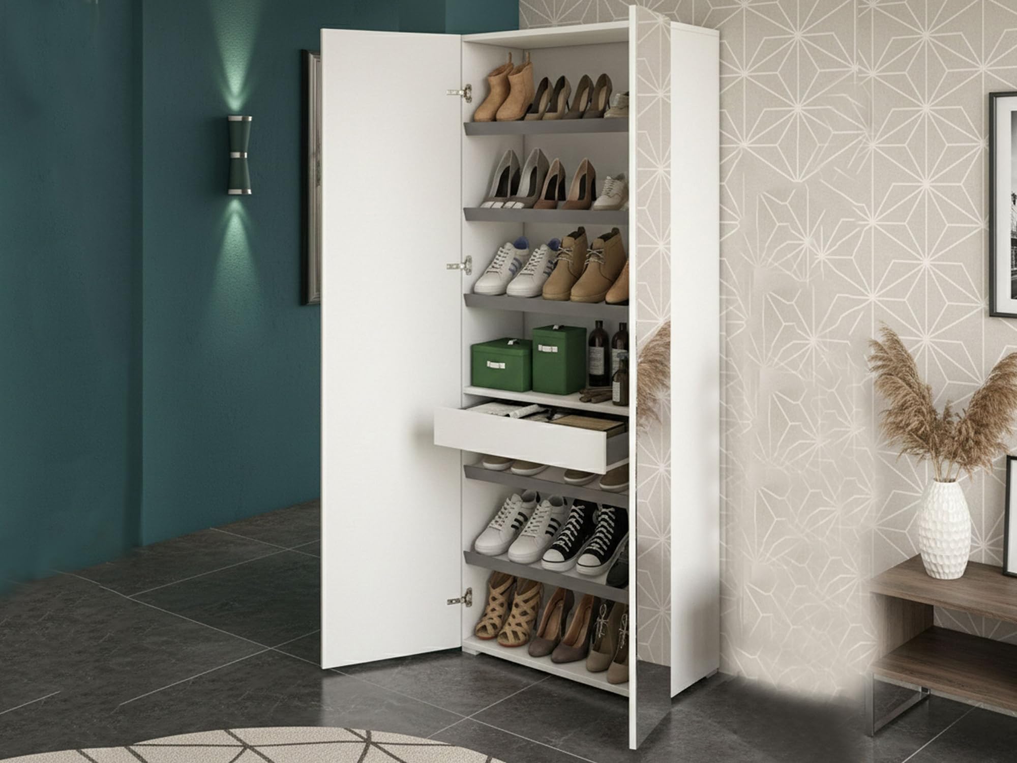 Dmora - Étagère à chaussures Tarassaco, Meuble d'entrée polyvalent avec porte miroir, Meuble à chaussures moderne avec 6 étagères, 100% Made in Italy, 72x37h195 cm, Blanc