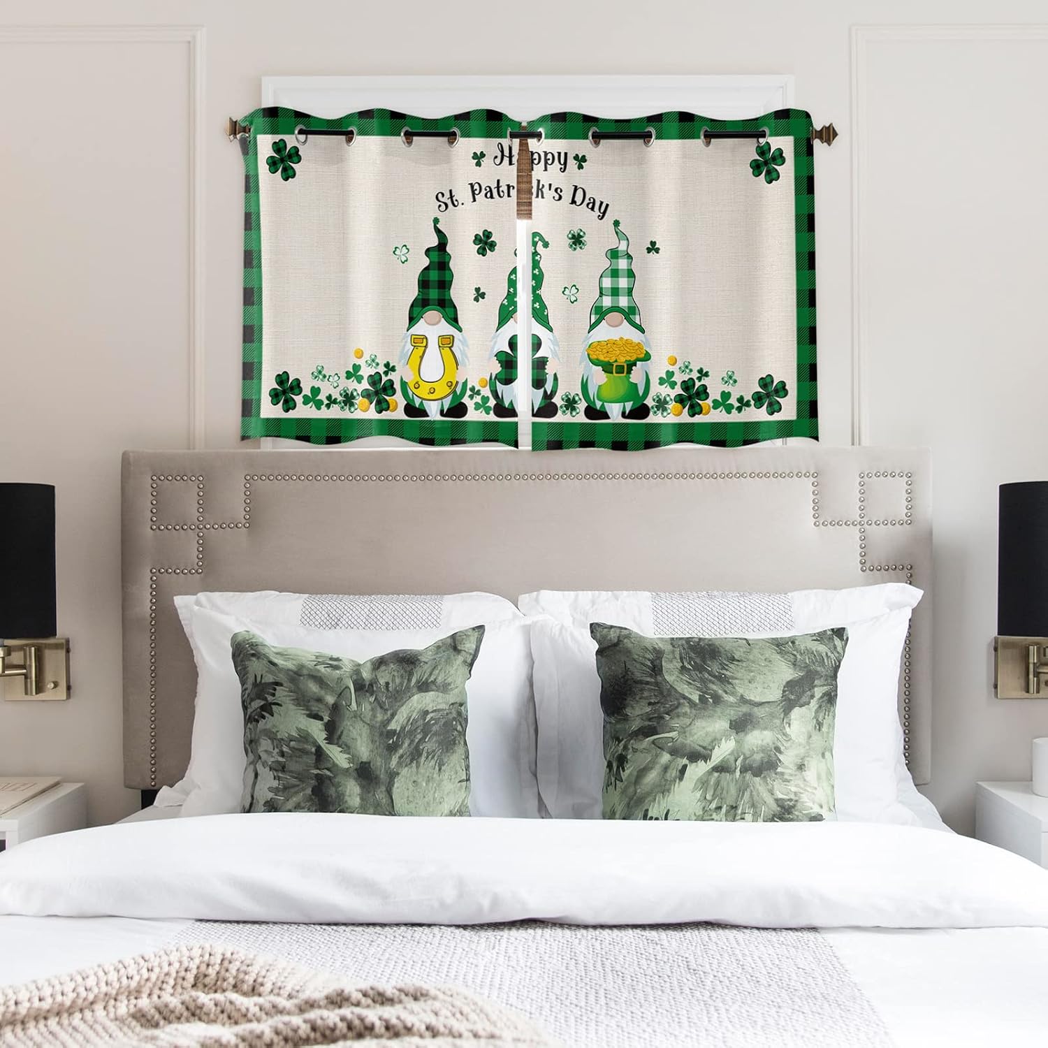Saint Patrick's Day Window Curtain Funny Dwarf Irish Clover Leaf Horseshoe Windows Drapes Panel, Vintage Burlap Light Filtering Kitchen Cafe Curtains Drape Treatment Set of 2 with Grommet Top