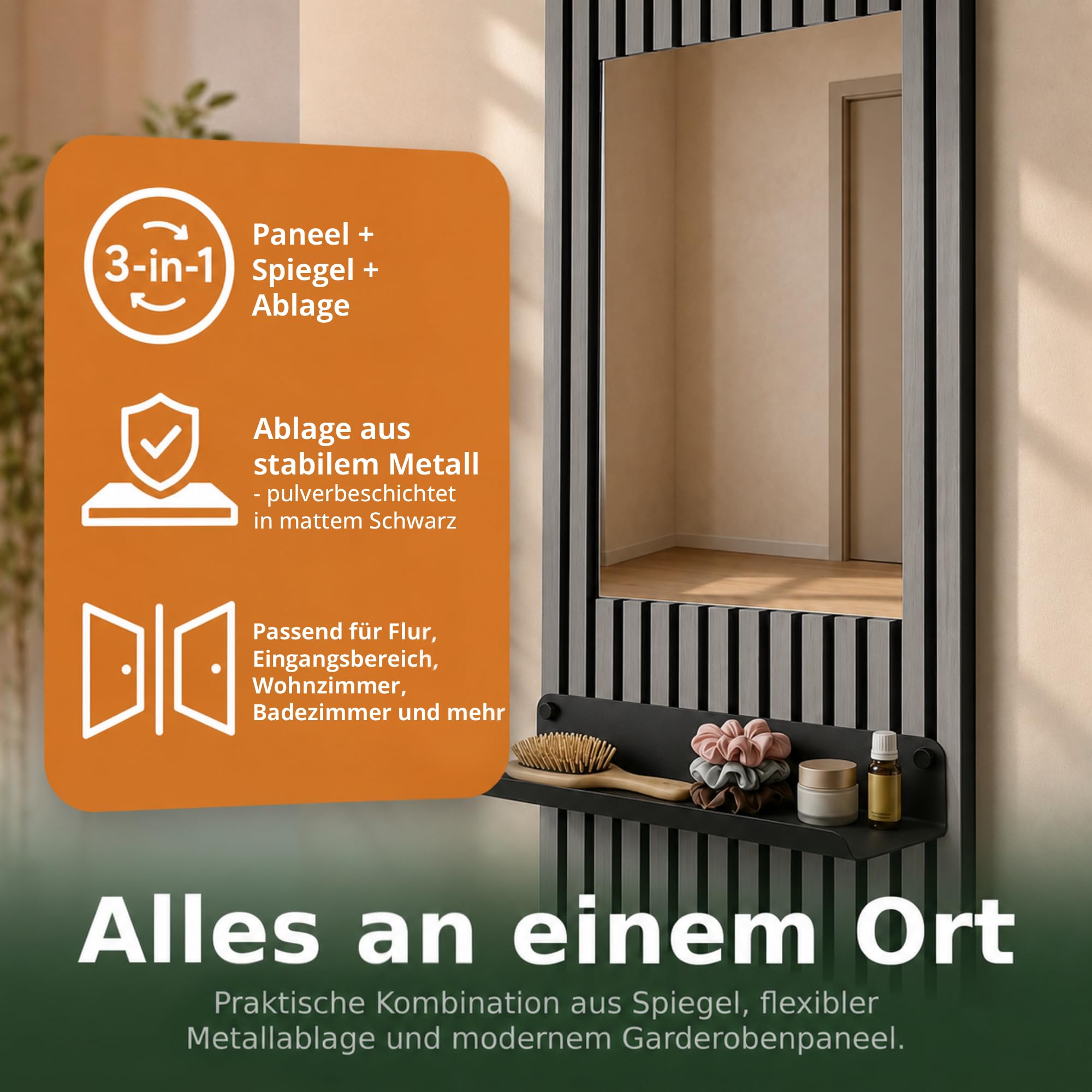 HOME LOVE Wandspiegel Flur mit Ablage 110×55 cm | Spiegel mit Regal für Schlüssel & Deko | Flurspiegel Wand mit höhenverstellbarer Ablage | Garderobenpaneel auch als Badspiegel