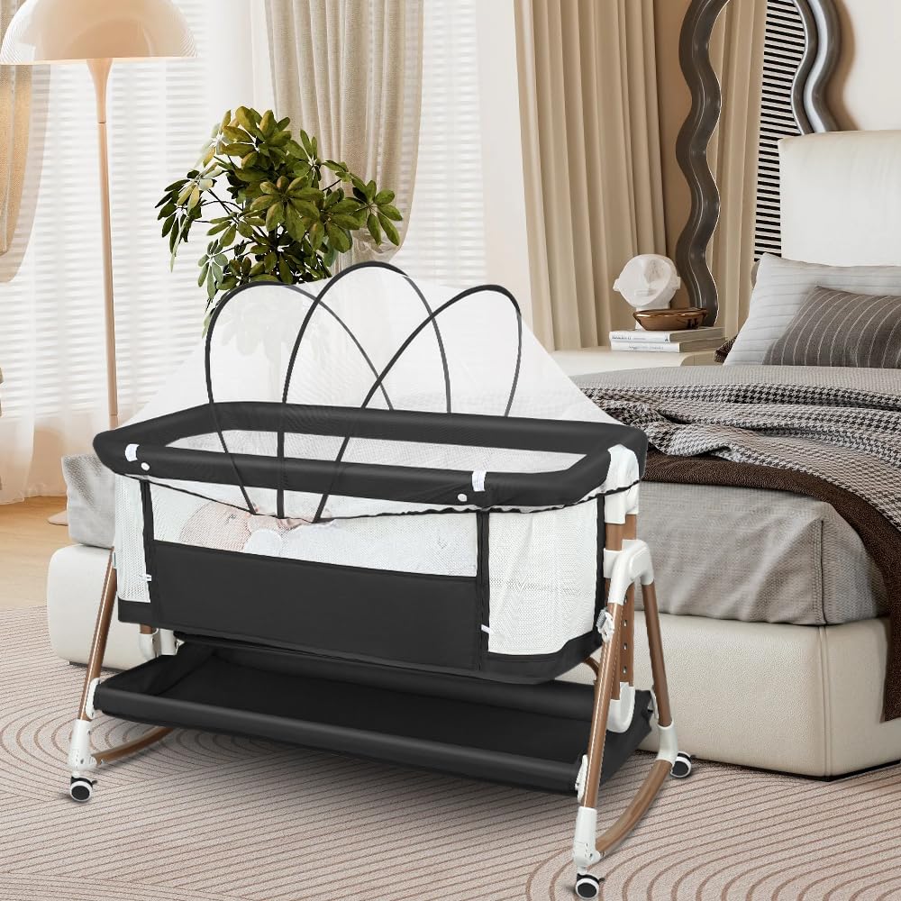 HUOLE Berceau pour Bébé avec Système de Fixation au Lit, Hauteur Réglable et Côtés Ventilés | Berceau Cododo Parfait pour Dormir Près de Bébé-90 x 60 x 90-115 cm - Noir + Or