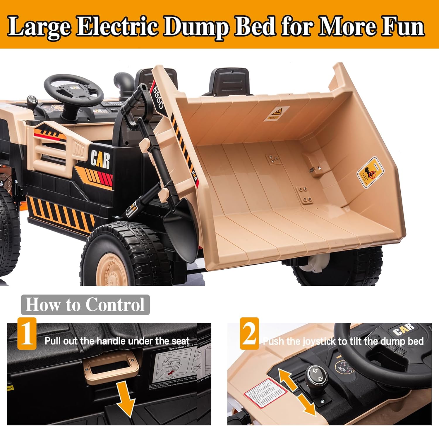 POSTACK 24 Volt Ride on Car with Remote Control, Ride on Construction Vehicle 4 Powerful Motors,20" Spacious 2 Seater Ride On Toddler Car Side by Side with Electric Dump Bed, Khaki