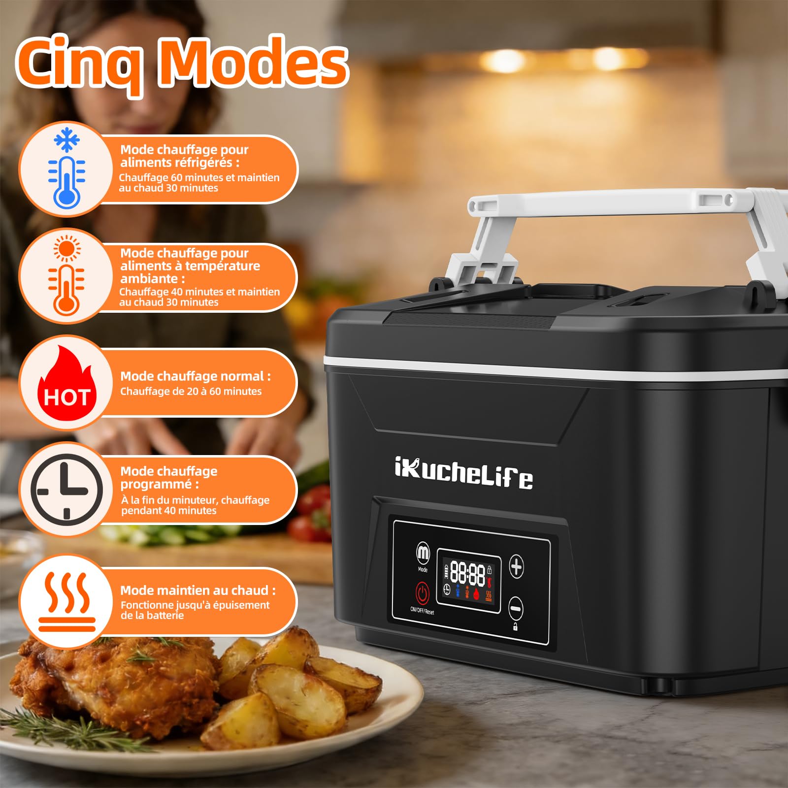 Gamelle Chauffante 100W Lunch Box Chauffante Electrique | 1,2L aveBatterie Réservation et Réglage Température, Boite Repas Chauffante Inoxydable 5 Modes pour Bureau Voiture Cuisine