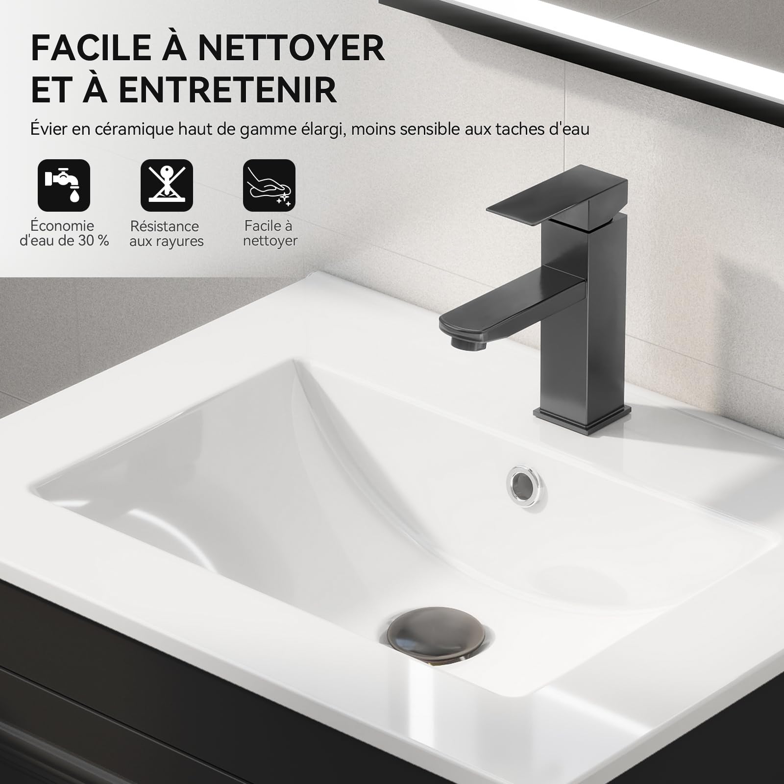 YU YUSING 60 cm Ensemble de Meuble de Salle de Bain Suspendu - Lavabo Céramique Blanc Incrusté, Robinet Noir, 2 Grands Tiroirs à Fermeture Douce, Design Moderne, Blanc et Noir, pour Espace Réduit