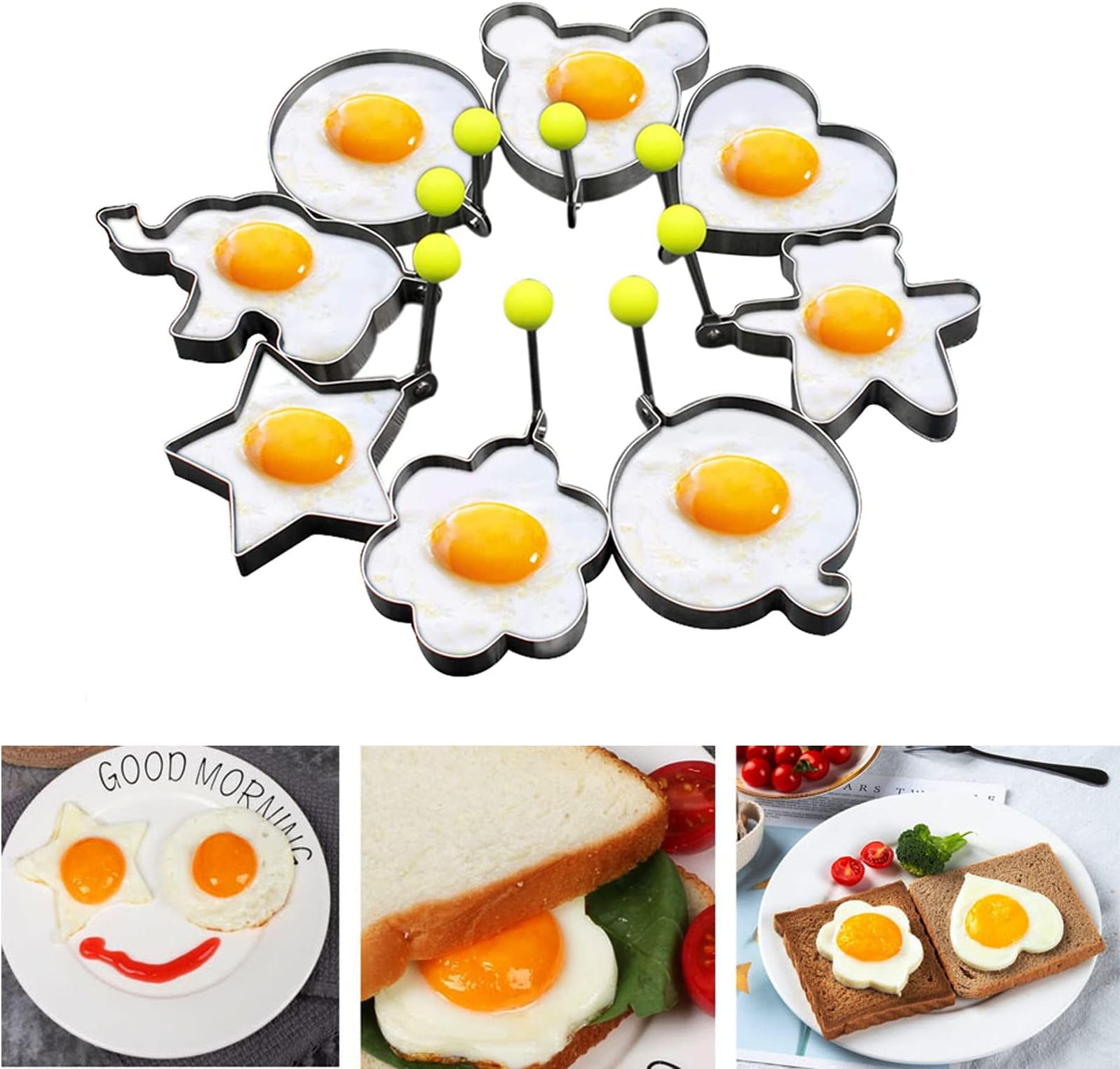 Fried egg rings, Pancake mold Maker with Handle for Kids, Mold Non Stick for Griddle Pan, Stainless Steel Egg Form for Frying Cooking (8 pack)