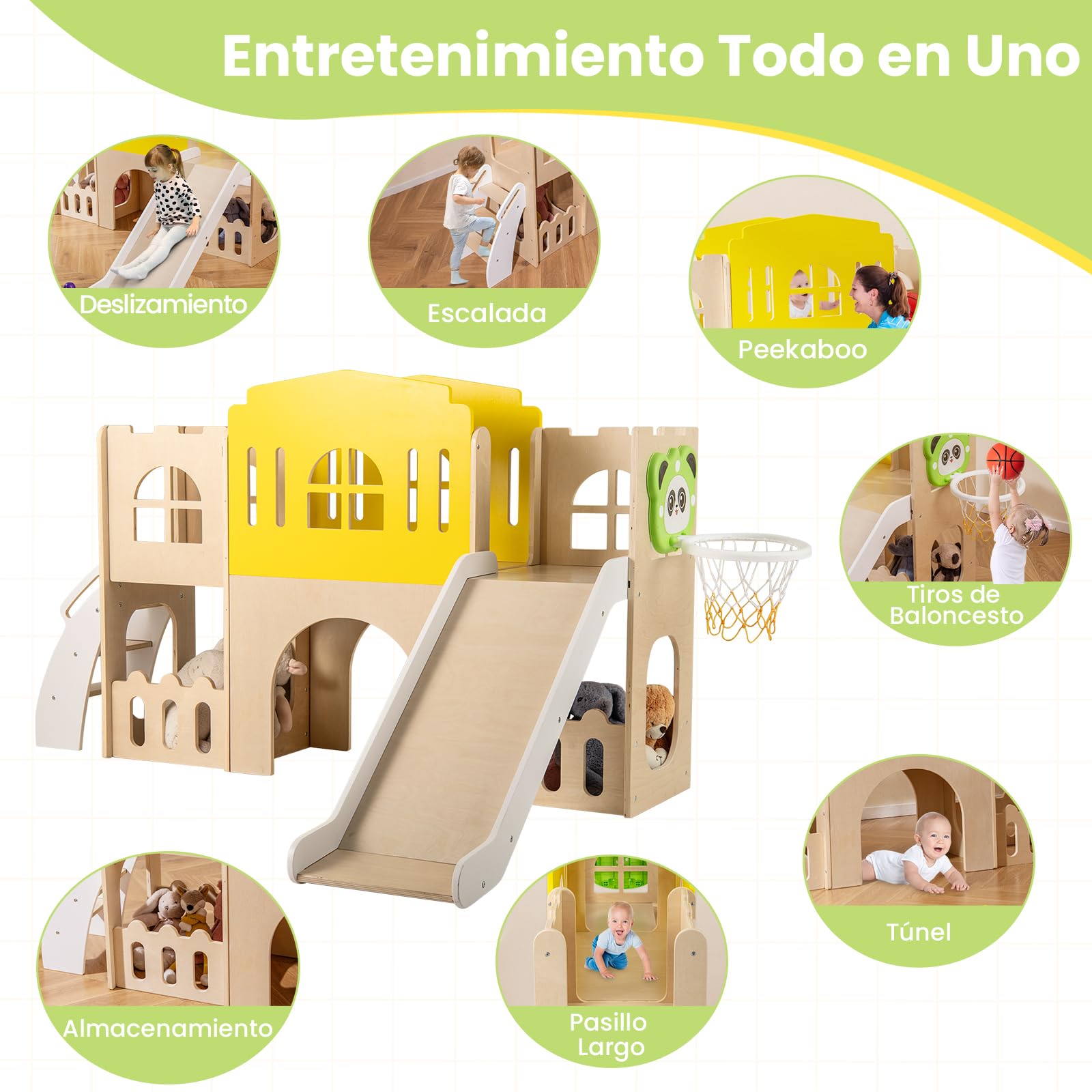 COSTWAY 7 en 1 Tobogán Infantil Interior de Madera con Escalera, Canasta de Baloncesto, Pasillo Largo, Túnel y Espacio de Almacenamiento, Centro de Actividades con Forma de Castillo de Madera