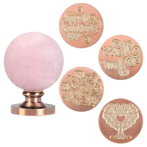 Yatming Sphere - Juego de sellos de cera de cristal de cuarzo rosa, 1 empuñadura de piedra con 4 cabezales de sello de cera de sellado, kit para