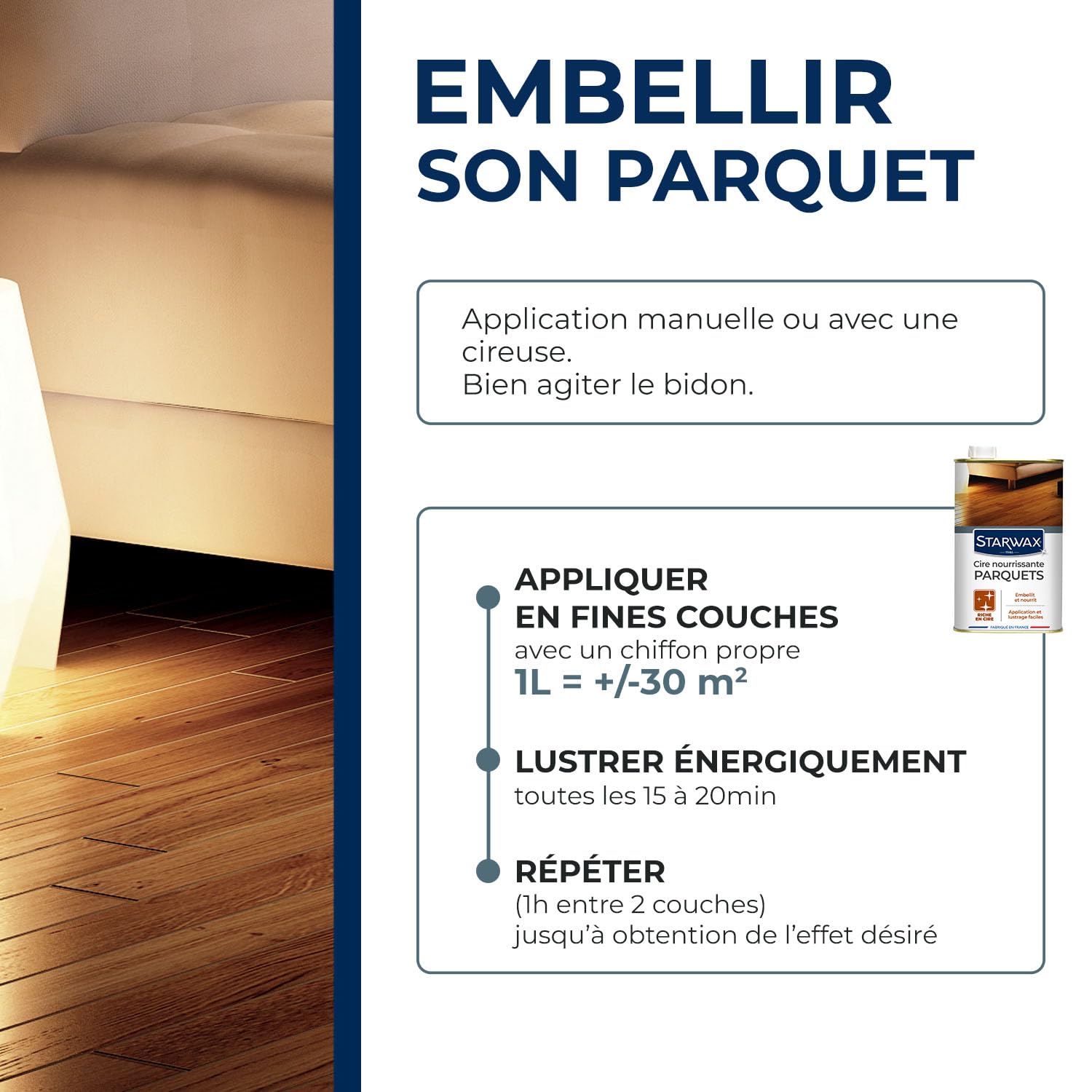 STARWAX Cire concentrée pour parquets cirés 1L, nourrit et embellit les parquets bruts et déjà cirés, finition satinée lumineuse, non glissant, rendement 30m²/L