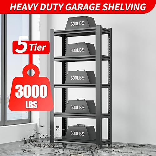 Miniatura 5 de Estantería de garaje de 72 pulgadas de alto, estantes de almacenamiento resistentes de 2500 libras, estantes de metal ajustables de 5 niveles para