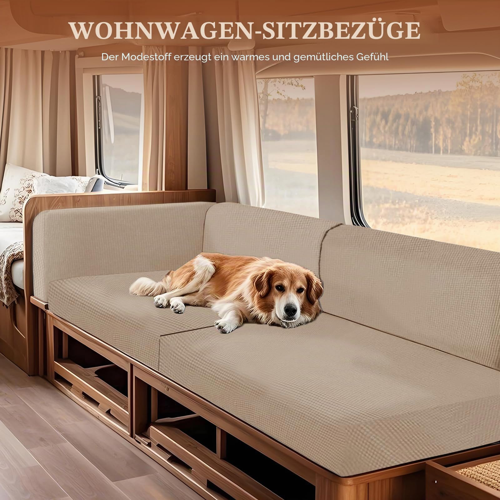 SYLC Wasserdicht Bezüge Für Wohnwagenpolster, Ersatzbezug Für Wohnwagen Polster rutschfest Mit Gummiband Und Schnürung Sofa Sitzkissenbezug (Beige,W 100-130 cm, D 30-50 cm)