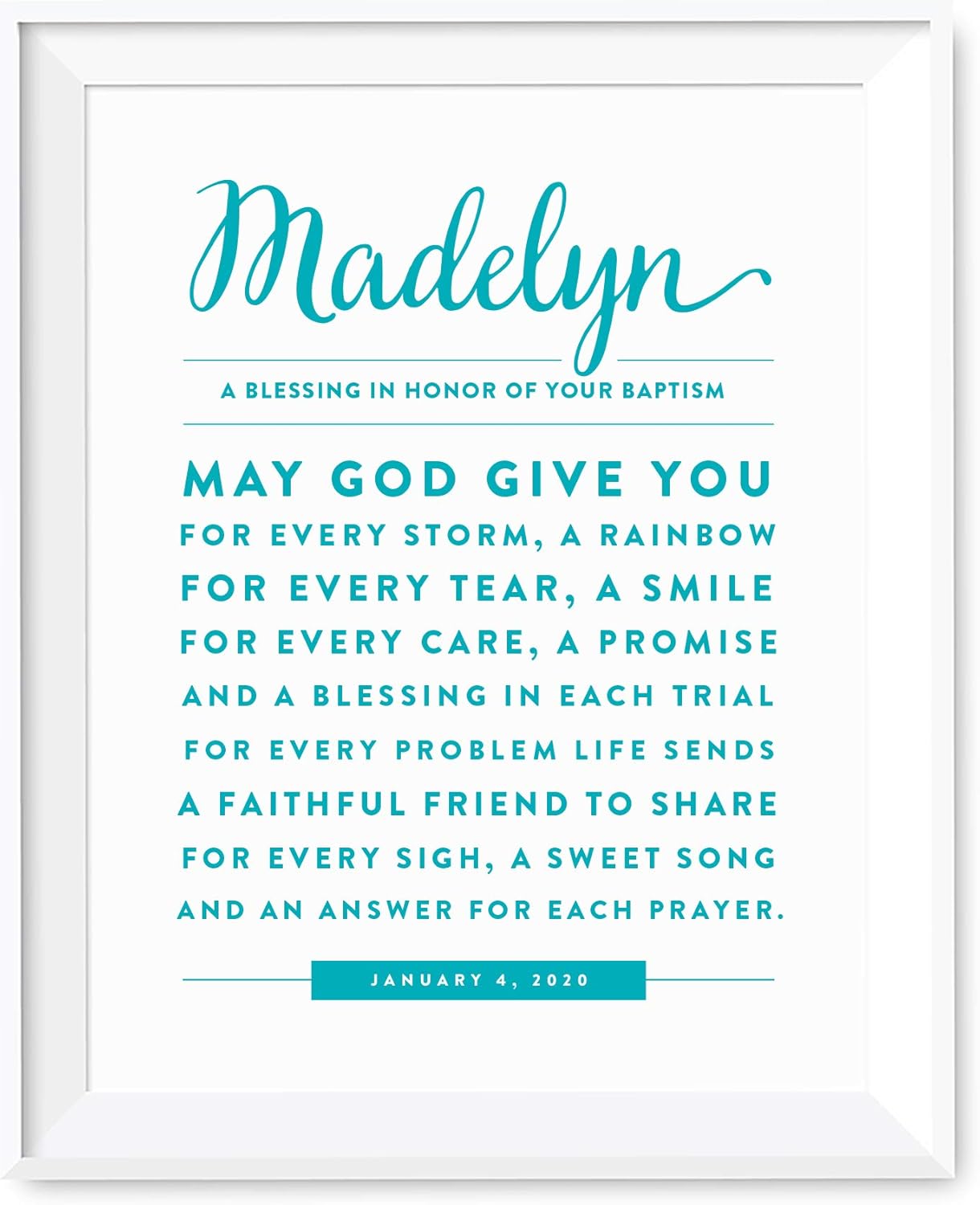 Andaz Press Personalized Religious Wall Art Nursery Poster Sign, Girl or Boy Catholic Baptism May God Give You For Every Storm a Rainbow Blessing Gift Print, 1-Pack, Custom Made any Name and Color, For Kids Bedroom or Nursery Room