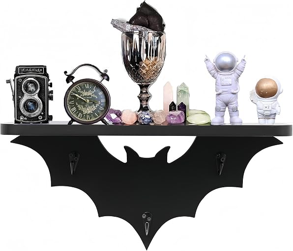 Bat Shelf Floating Shelves for Wall,15.5 inch Wall Shelf with 3 Key Hooks,Black Shelves for Living Room Bedroom Kitchen Gothroom