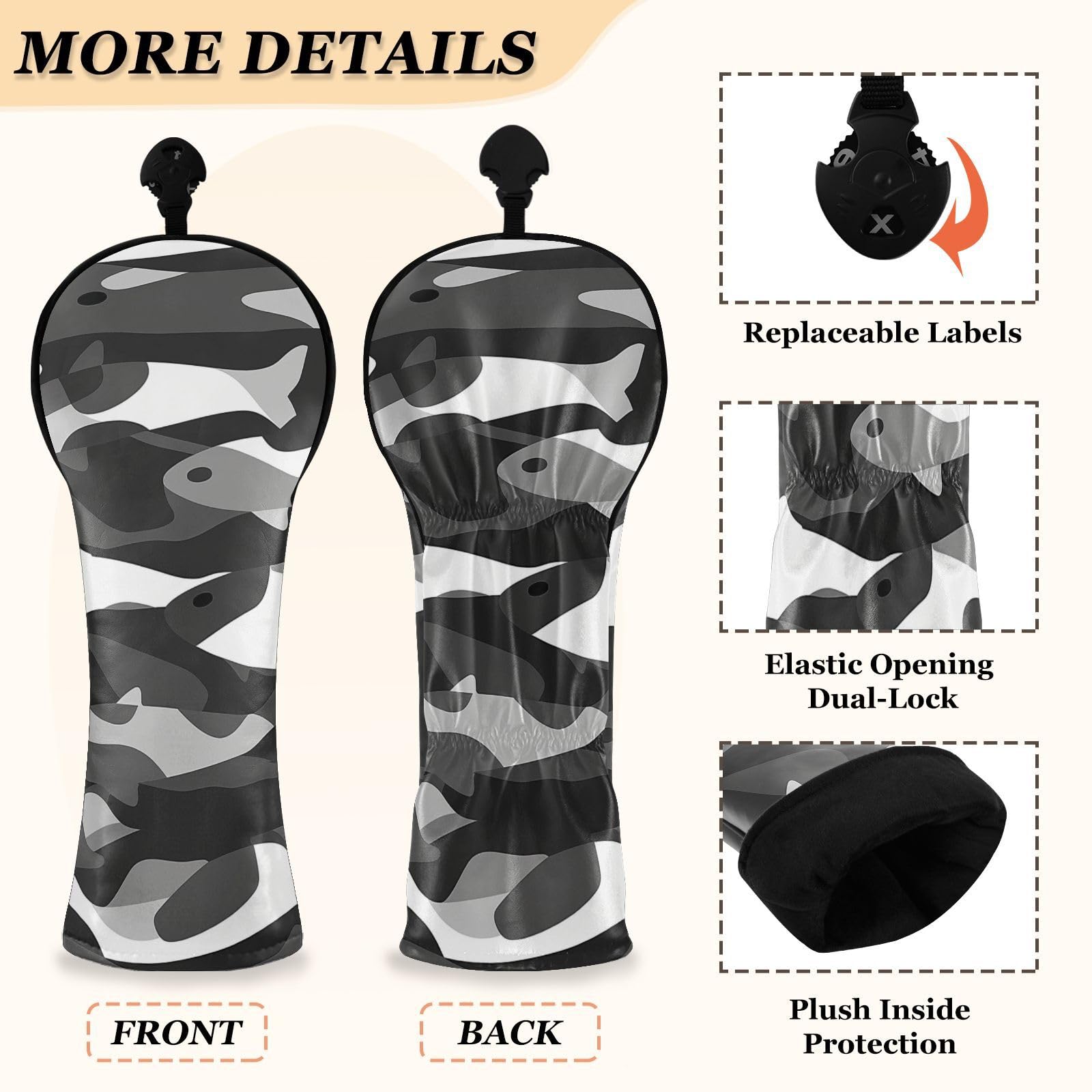 Golfschlägerhauben aus hochwertigem Leder mit austauschbaren Nummern für Fahrer, Fairway-Holz-Hybrid, Schwarz und Weiß, Camouflage, Lachs, 1 Stück
