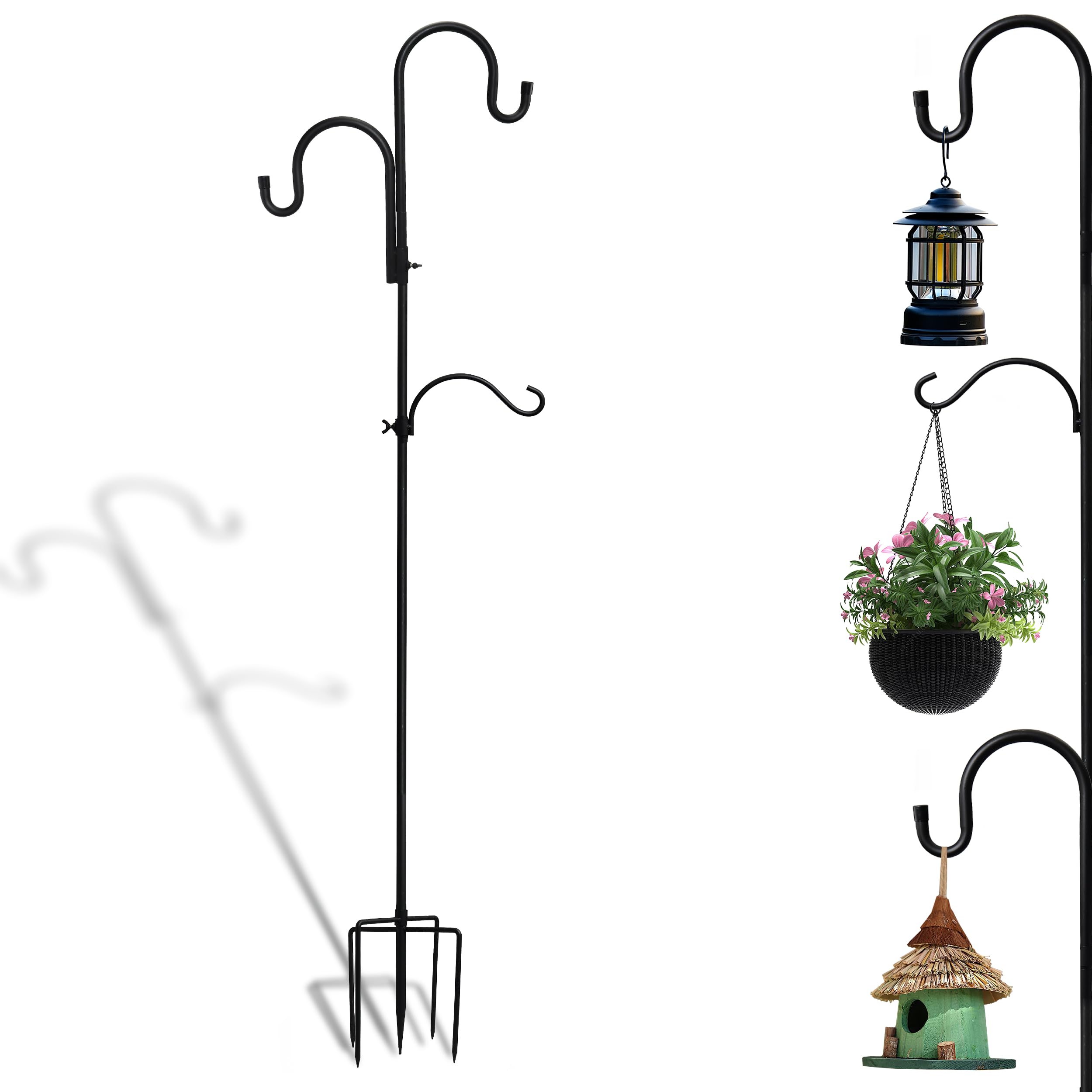 Heavy Duty Double Head Shepherd Hook 76 Inch Adjustable Assembled Shepherd Hook Rust Resistant Premium Metal Garden Shepherd Hooks for Bird Feeders Hanging Plant Baskets Solar Lights Lanterns