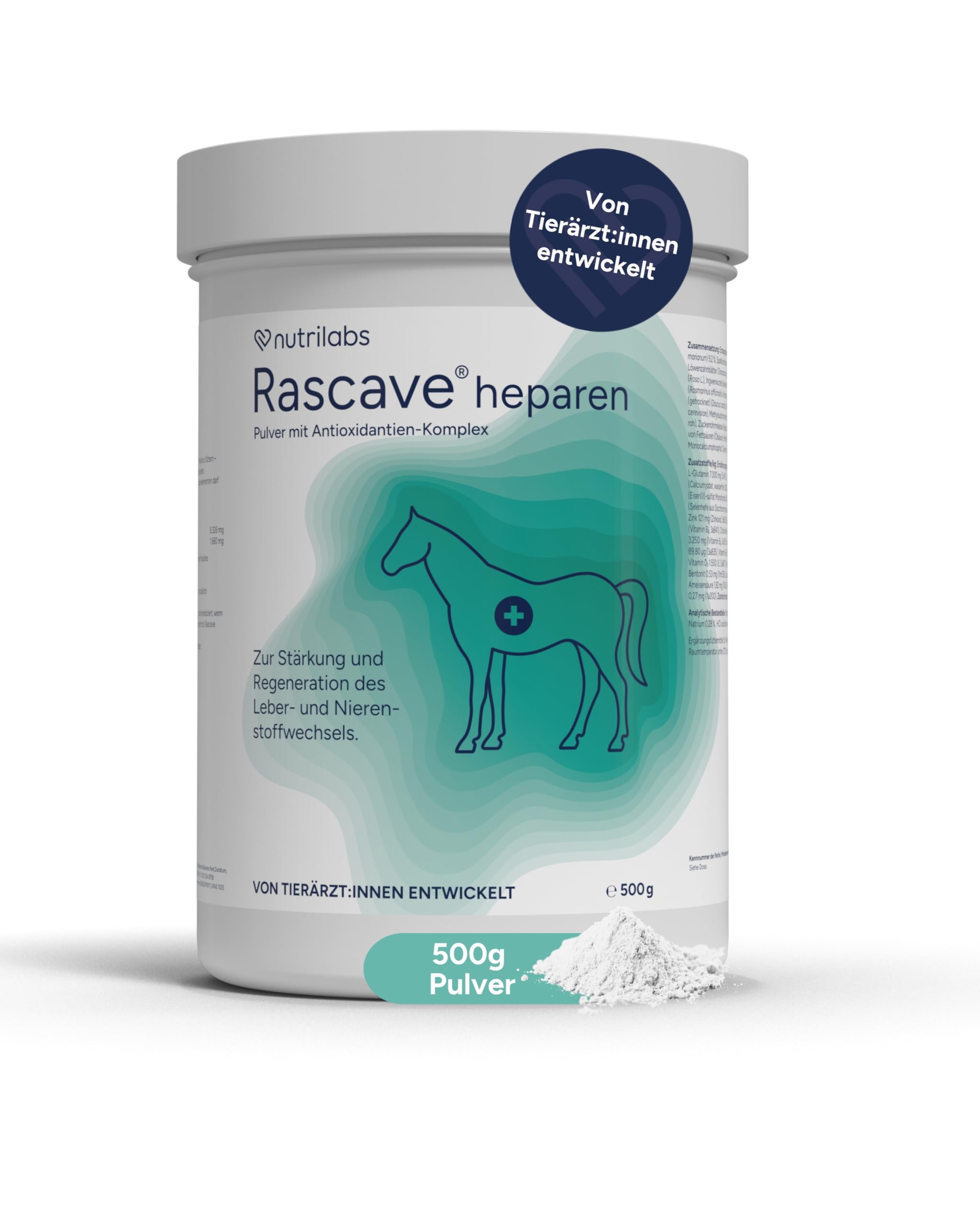 NutriLabs Rascave® heparen Pulver für Pferde 500 g - Mariendistel - Pferd-Nahrungsergänzung - Pferde-Gesundheitsprodukte - Nahrungsergänzung Leber - Nierenkräuter