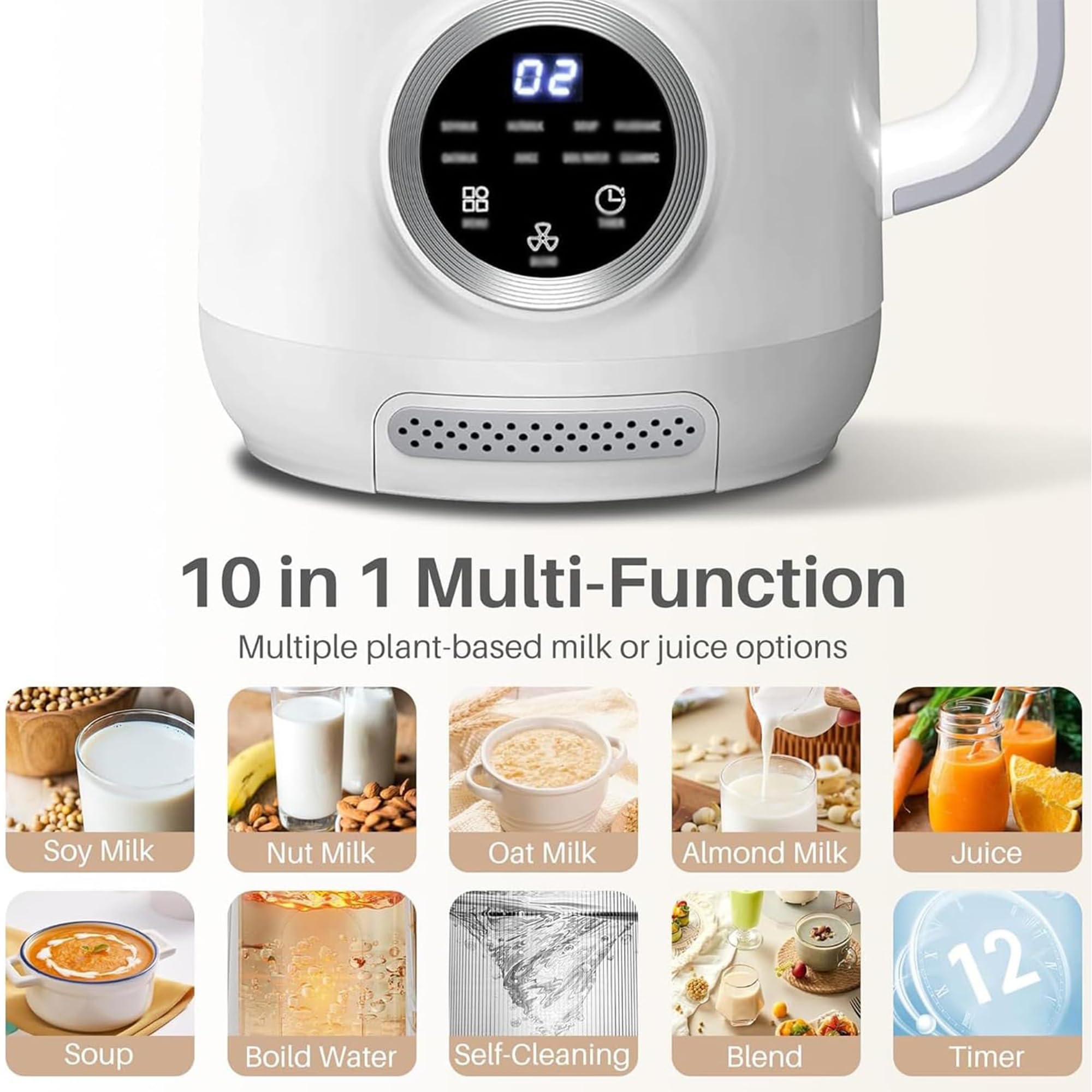 Macchina per latte di noci da 1200 ml, 10 in 1 multifunzionale a base vegetale per latte di mandorle, avena e soia fatto in casa, preparazione automatica del latte di soia