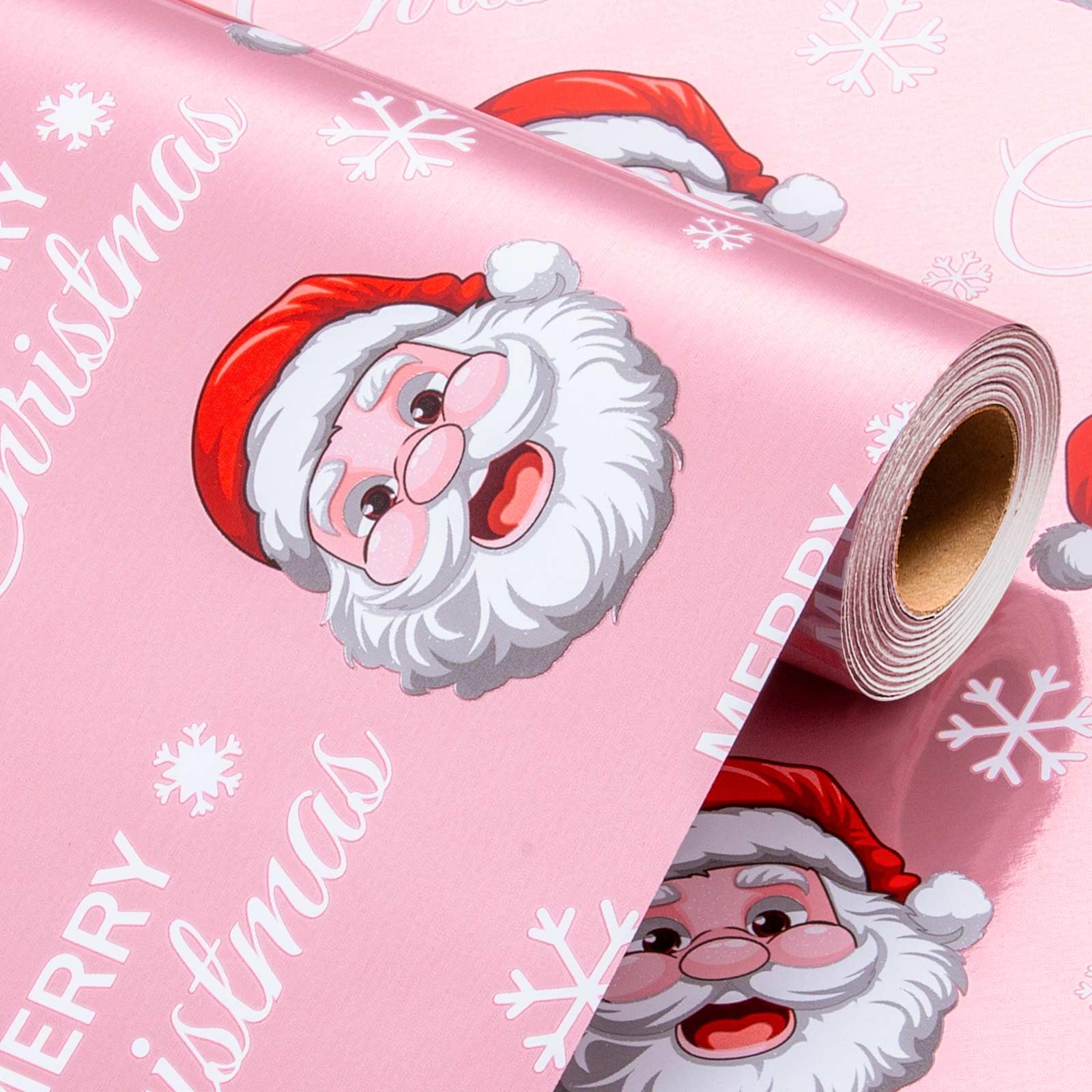 Wikadlik Pink Wrapping Paper Roll - Metallic Shine Foil Cute Santa Claus HO Lettering Gift Wrap for Christmas Holiday Festive Celebration - 43cm x 10m โ image 1