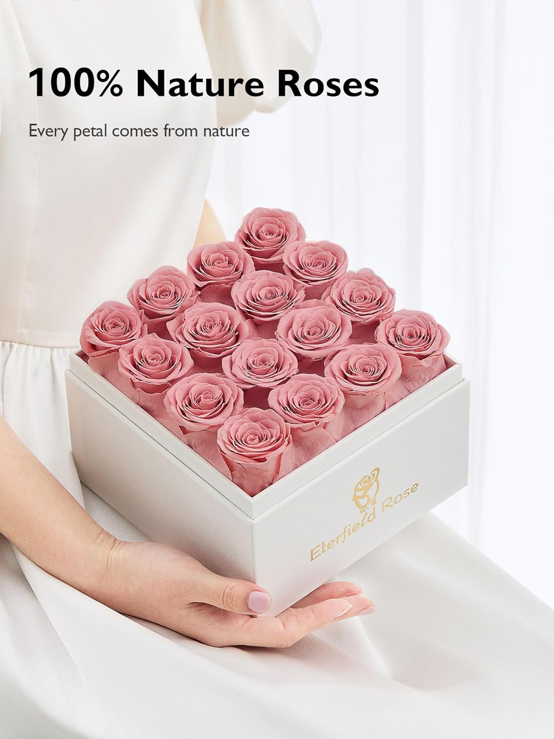 Eterfield Forever Flowers Preserved Roses Real Roses That Last Over a Year Rose Box Gifts for Her Mothers Day Valentines Day Christmas (Square White Box, 16 Dusty Pink Roses) - Image 5