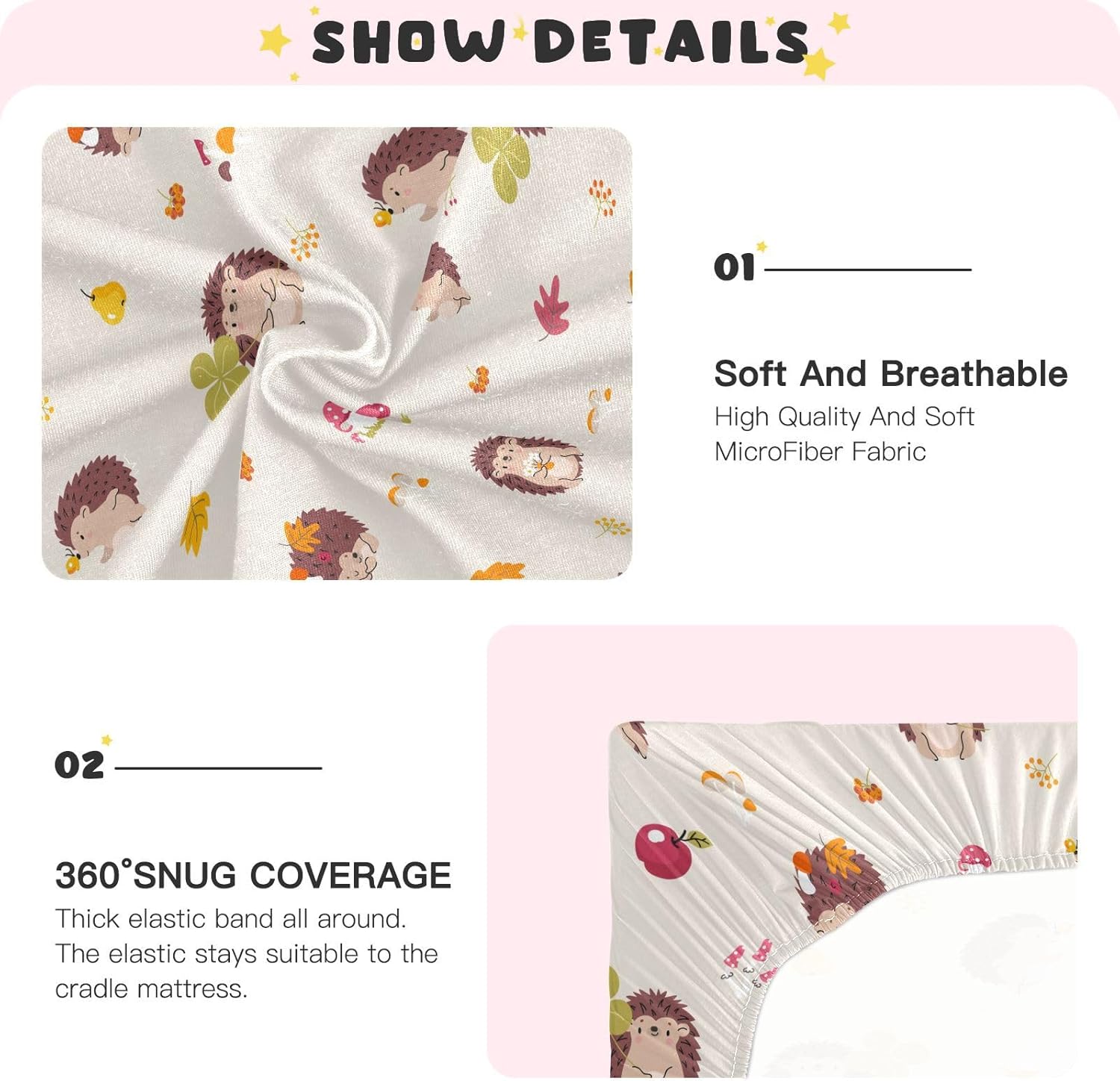 Fitted Crib Sheets Fall Hedgehog Stretchy Portable Playard Sheets for Baby Toddler, Breathable Soft Mini Crib Mattress 52 x 28 in for Boys and Girls