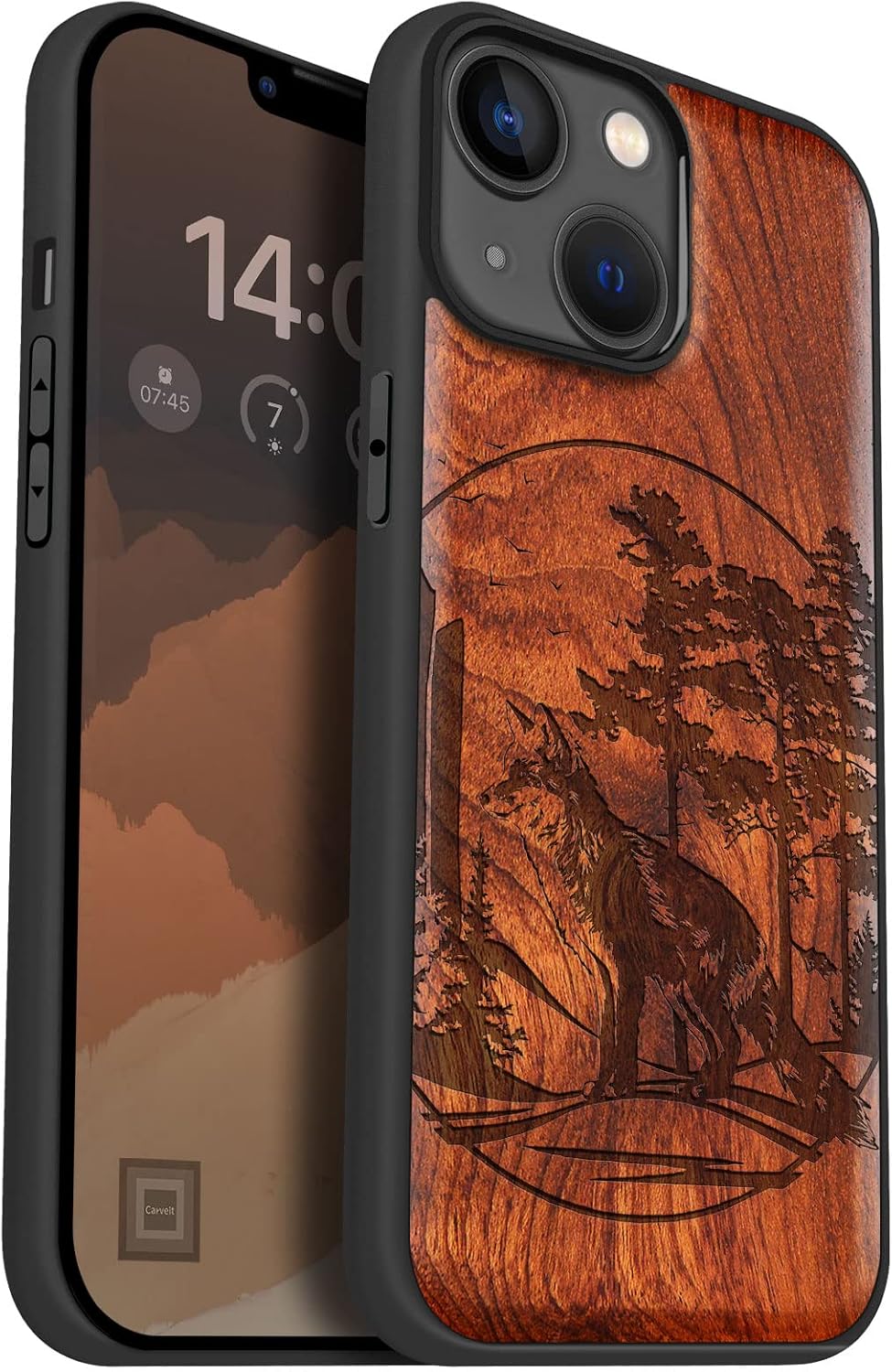 Carveit Magnetic Wood Case for iPhone 14 Case [Natural Wood & Black Soft TPU] Shockproof Protective Cover Unique & Classy Wooden Case Compatible with magsafe (Fox and Woods -Red Wood)