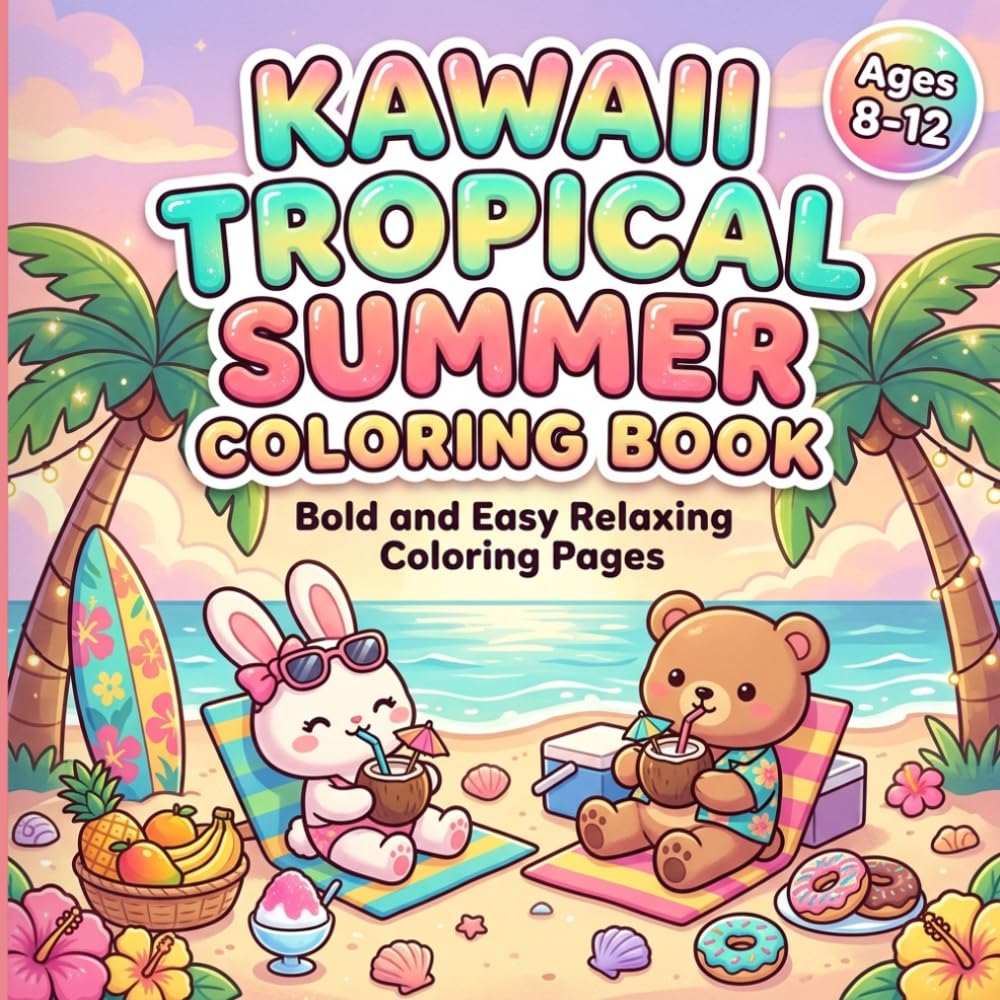 Kawaii Tropical Summer Coloring Book: Bold and Easy Relaxing Coloring Pages For Kids 8-12 Ages