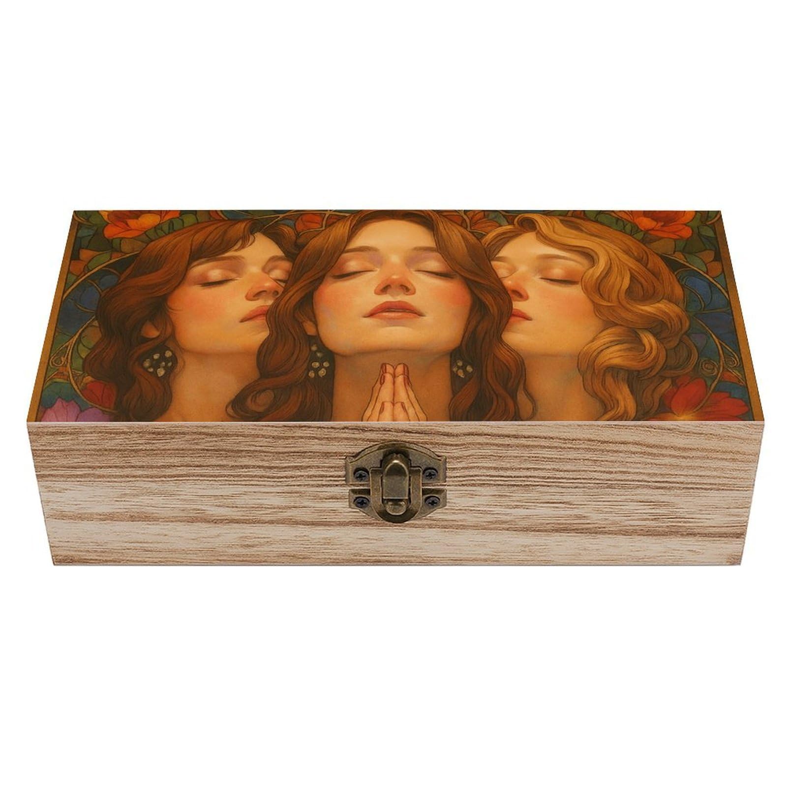 SMAZDFXX Pretty Prayer Girls And Flowers Wooden Storage Box Multipurpose Decorative Box for Jewelry Photo Home Decor