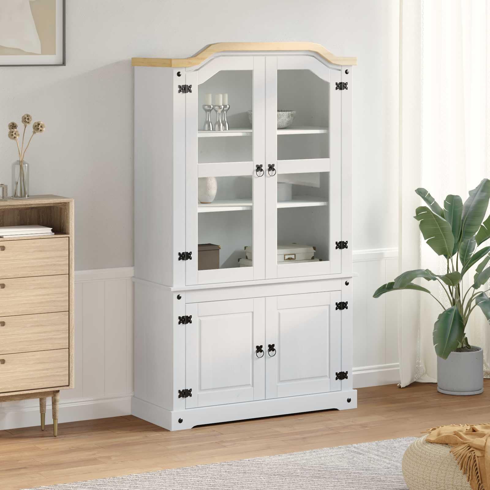 Vitrina blanca con puertas de cristal de pino macizo, 103,5 x 42 x 180 cm, armario de exhibición rústico con acabado mate para un almacenamiento y presentación elegantes.