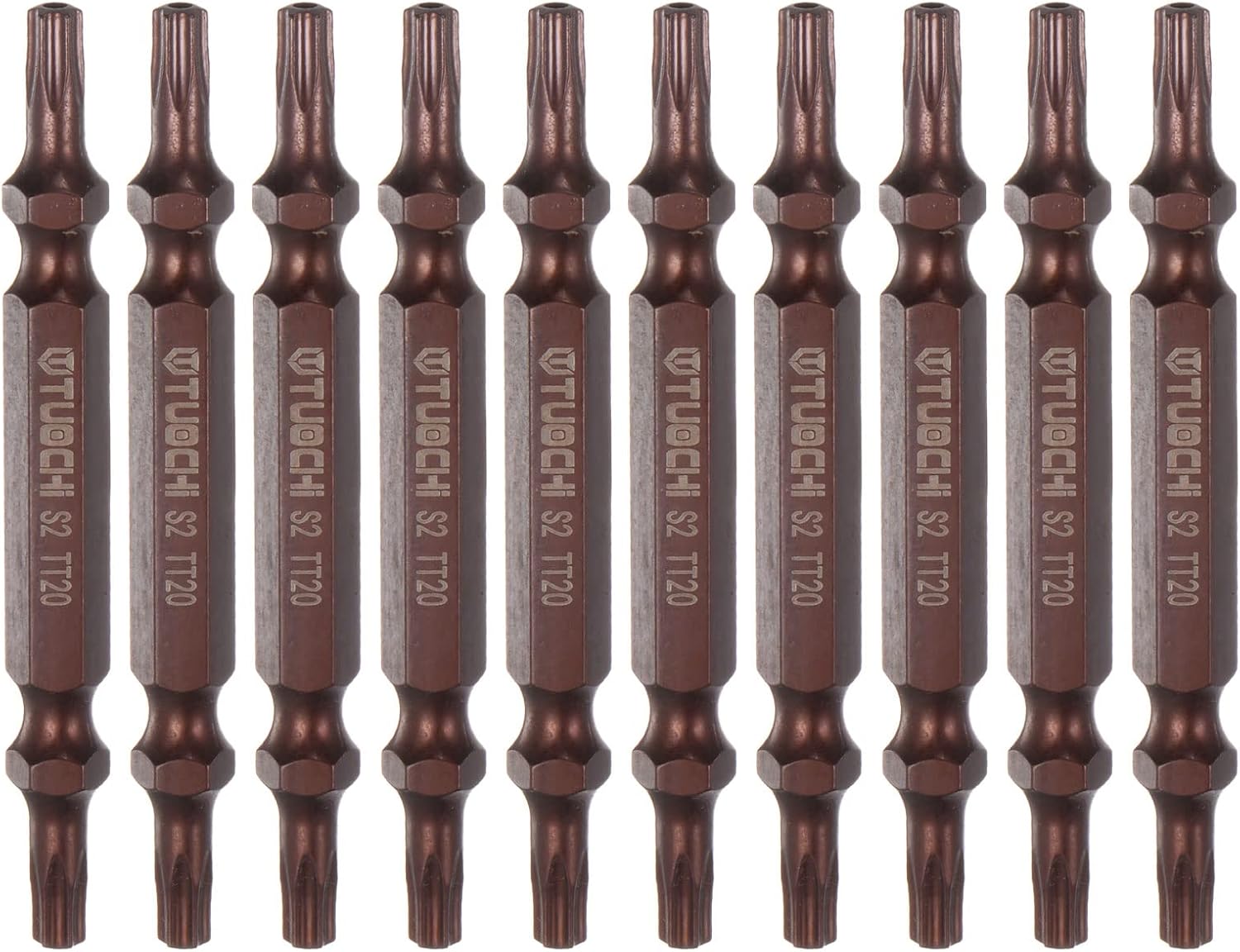 HARFINGTON 10pcs T20 Magnetic Double-Ended Screwdriver Bits 65mm/2.56" Length 1/4" Hex Shank S2 Steel Hollow Torx Drill Bit Hardware Accessory Tools, Copper