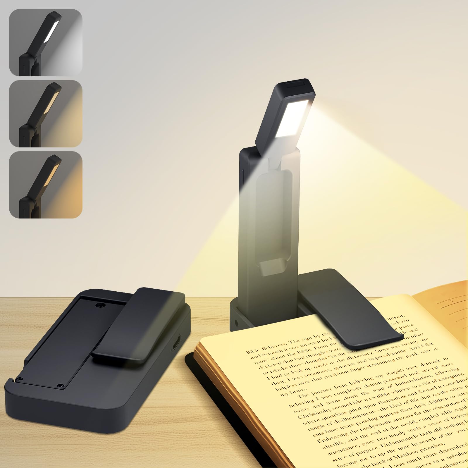 Confezione da 2: luce ricaricabile per lettura a letto, luce da lettura pieghevole con clip, leggera in 3 colori ambrati per la cura degli occhi e oscuramento continuo, lampada LED a durata 80