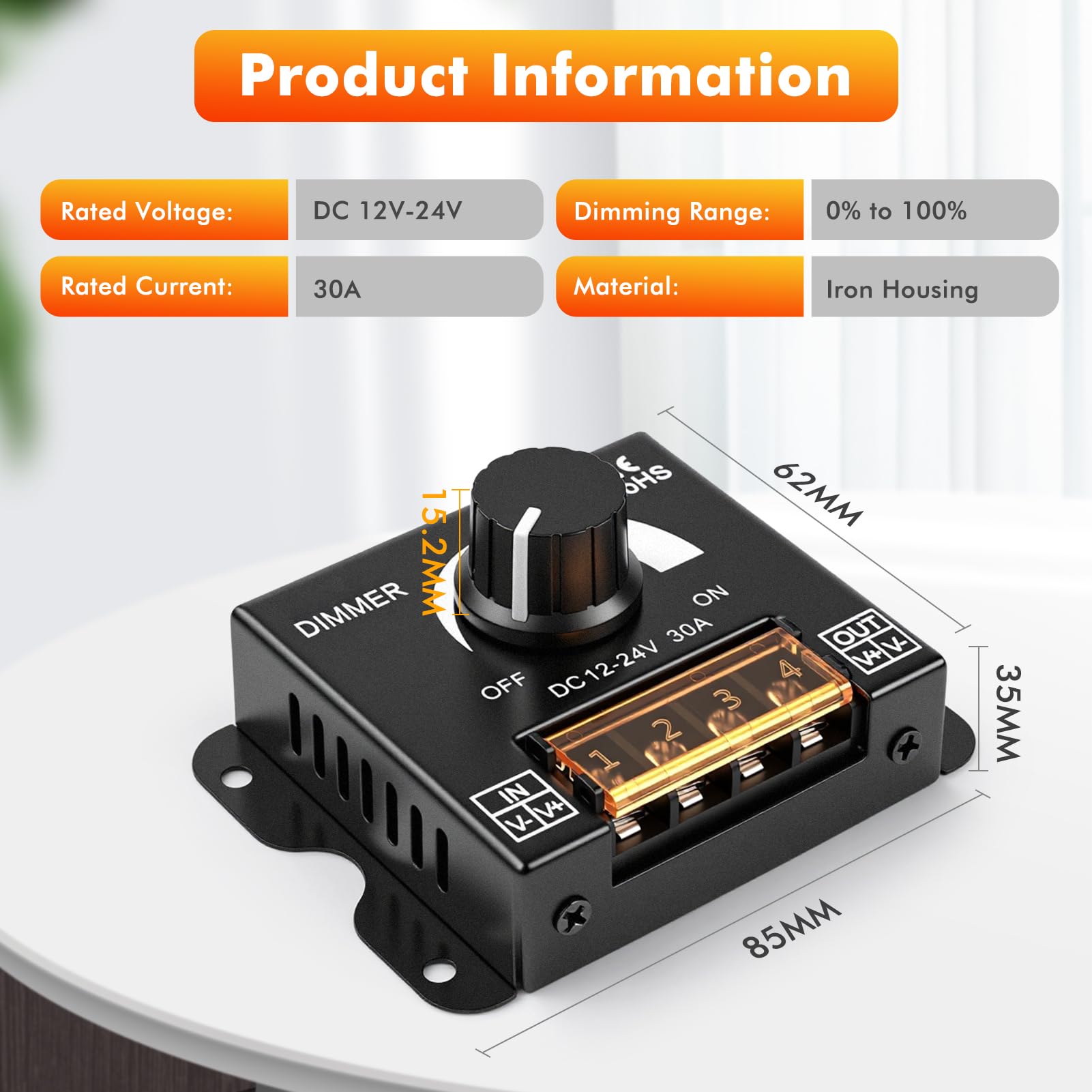 Controlador dimmer led DC12V-24V 30A PWM Dimming interruptor regulador de intensidad led con mando giratorio de ajuste de brillo Apto para tiras de luces LED