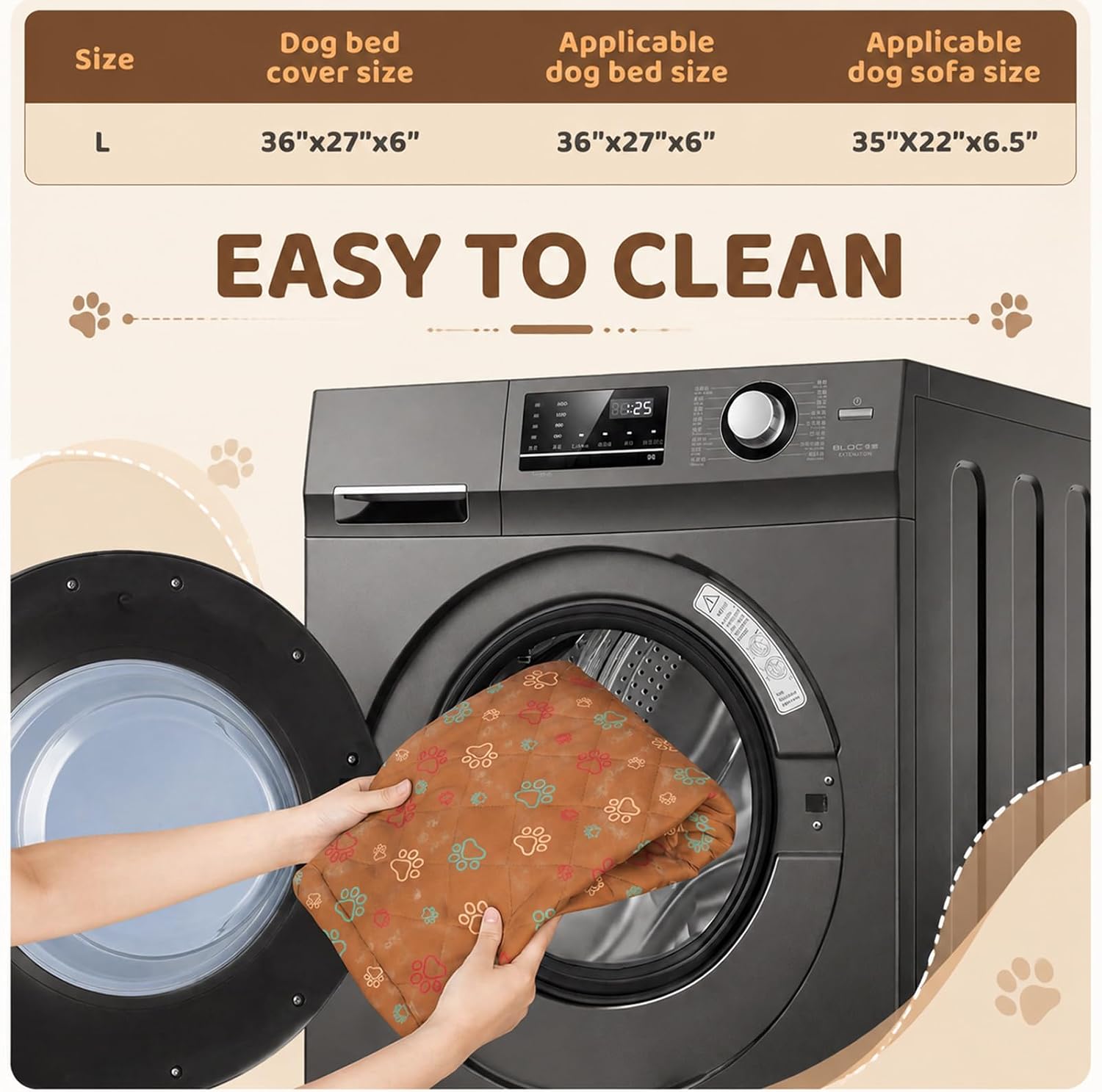 2 Pcs Dog Bed Covers Replacement Washable, 27 x 36 Inches Rectangle Waterproof Puppy Pet Bed Cover Hair Easy to Remove, Quilted Lovely Puppy Cat Paw Print, Cover Only