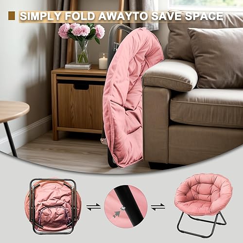Miniatura 6 de Grezone Folding Saucer Chair, Lazy Moon Chair with Metal Frame, Comfy Bedroom Chairs for Bedroom, Living Room, Study Pink JC
