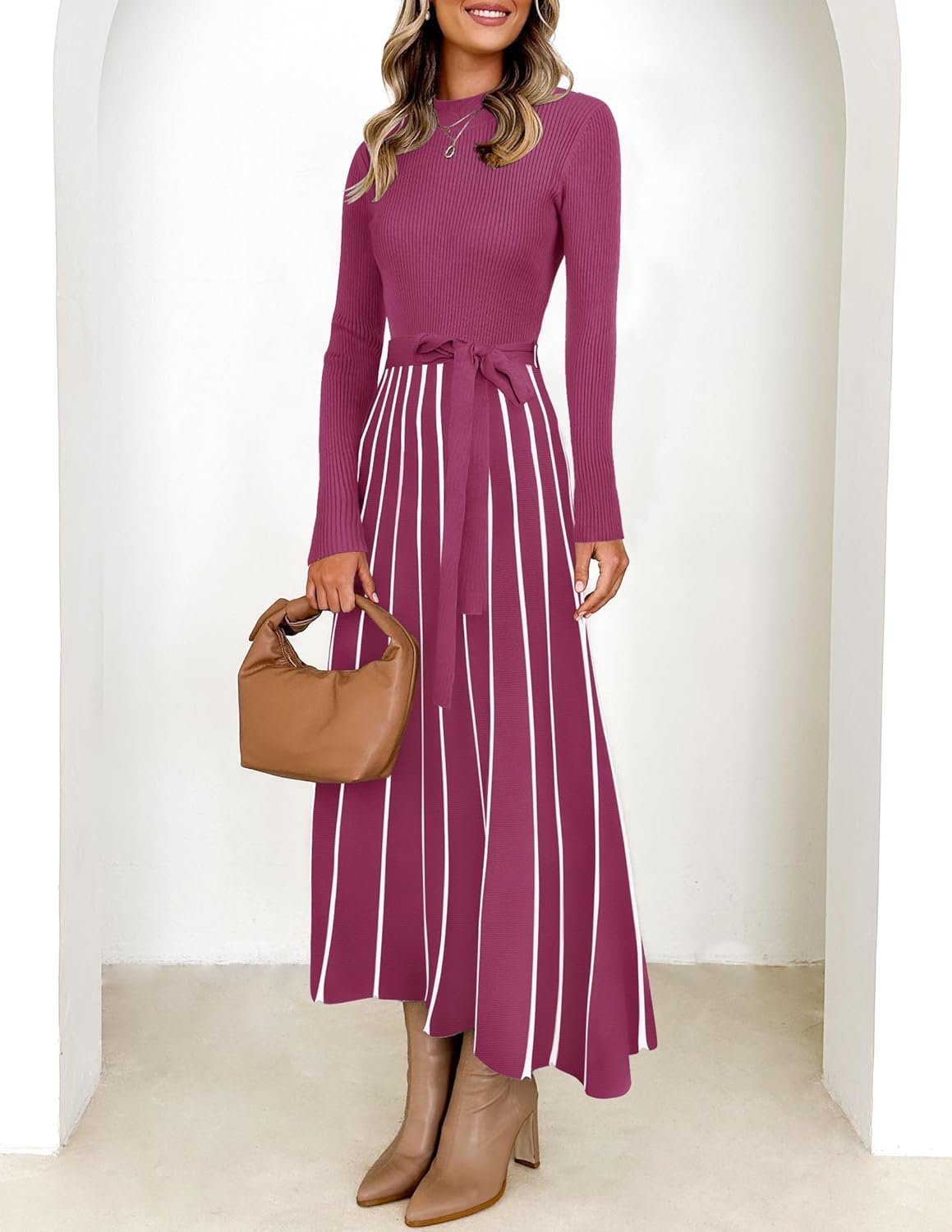 ZESICA Womens 2026 Spring Turtleneck Long Sleeve Sweater Dress Tie Waist Casual Loose Ribbed Knit A Line Midi Dresses - Image 3