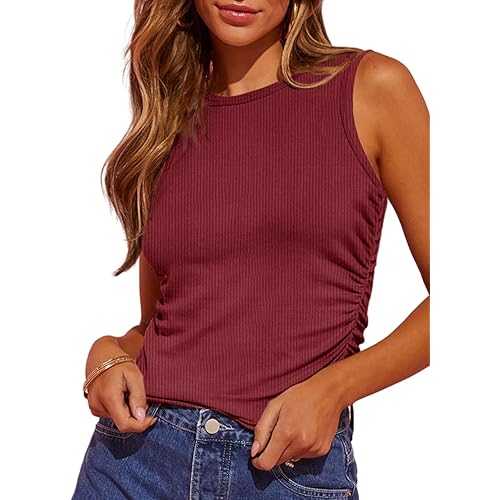 Dokotoo Womens Tank Tops Summer Sleeveless High Neck Ribbed Knit Slim Fitted Blouse Side Ruched Basic Tees Shirts