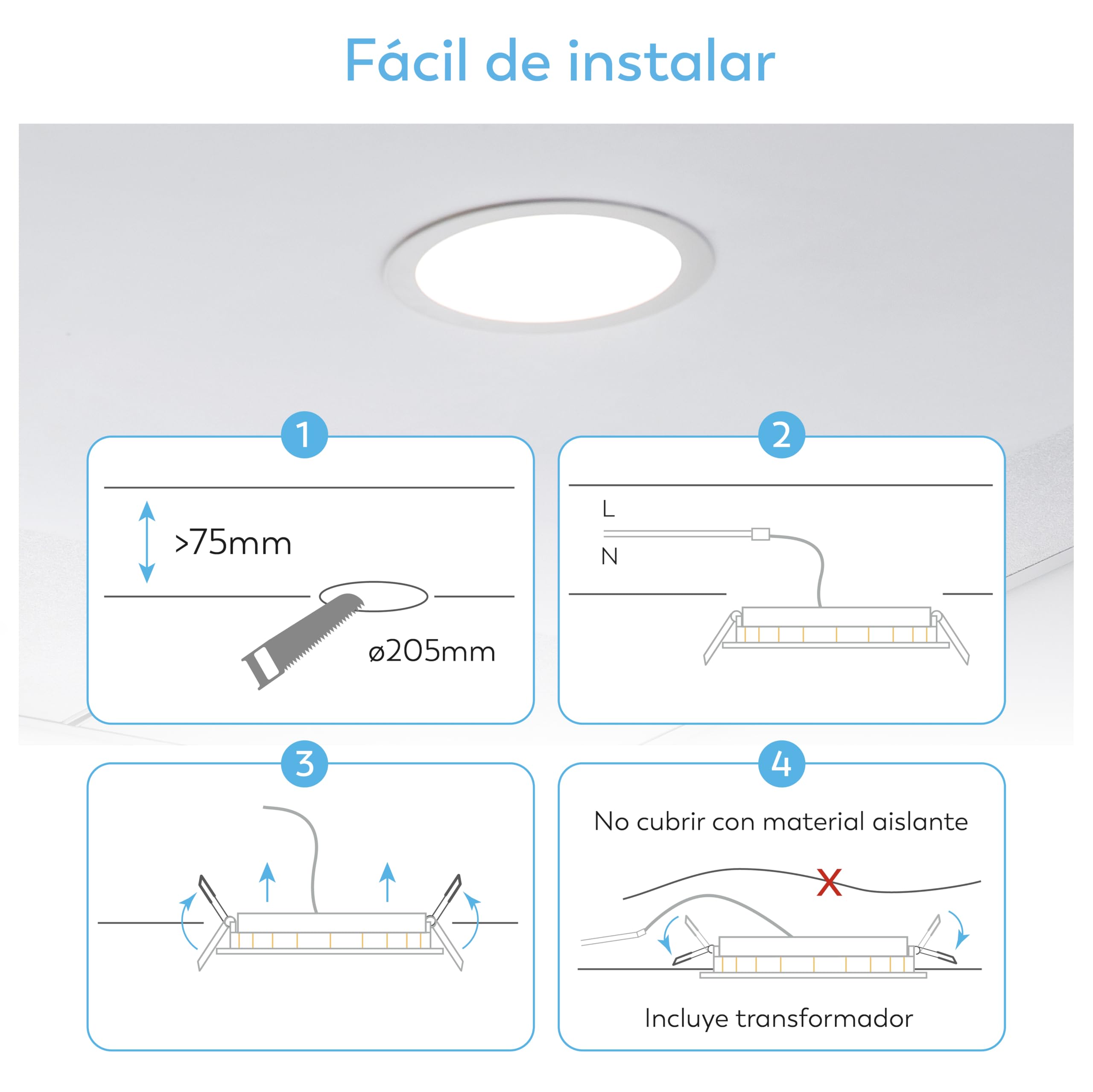 Garza - Pack 3+1 Downlight LED Techo empotrable 18W, 6500k (Luz Fría), Ø220x29mm, 120º, Lampara de techo plana color blanco para baño, salón, cocina...